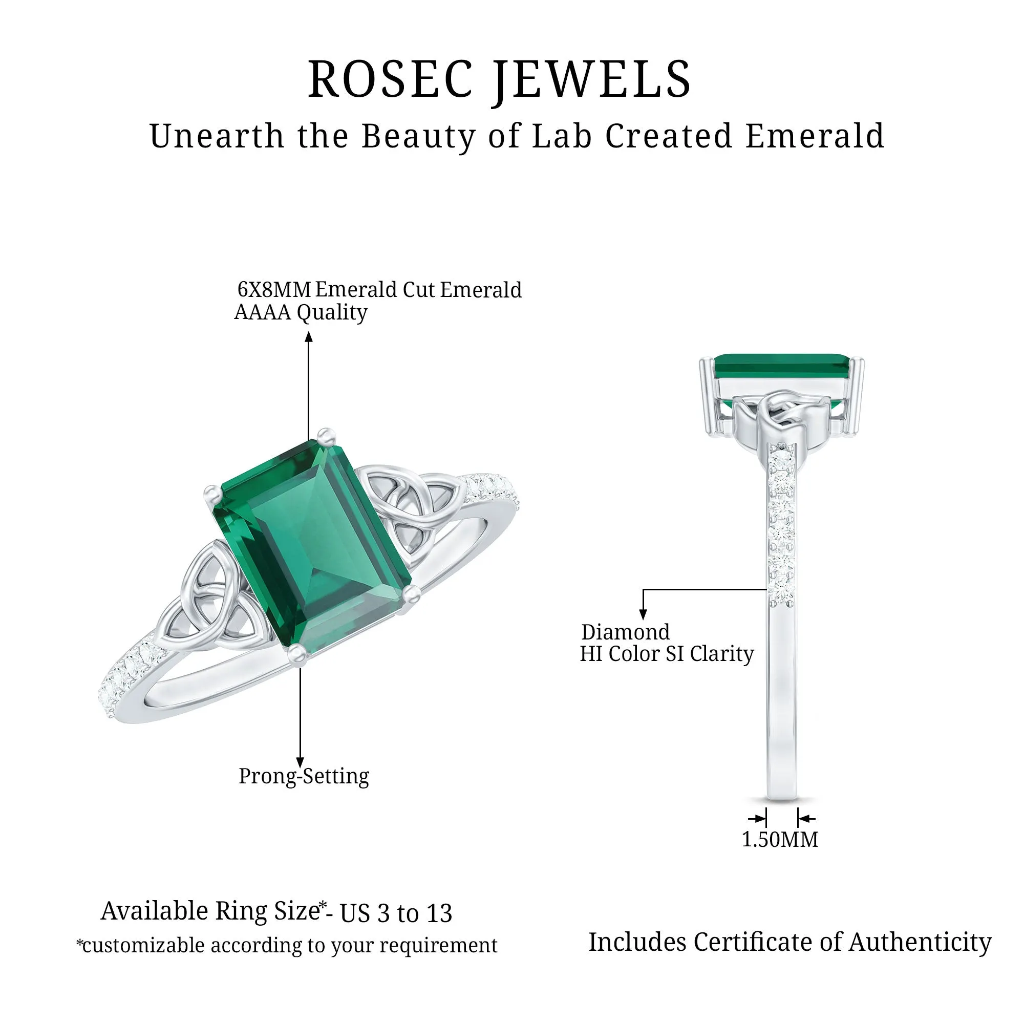 1.75 CT Celtic Knot Created Emerald and Diamond Ring