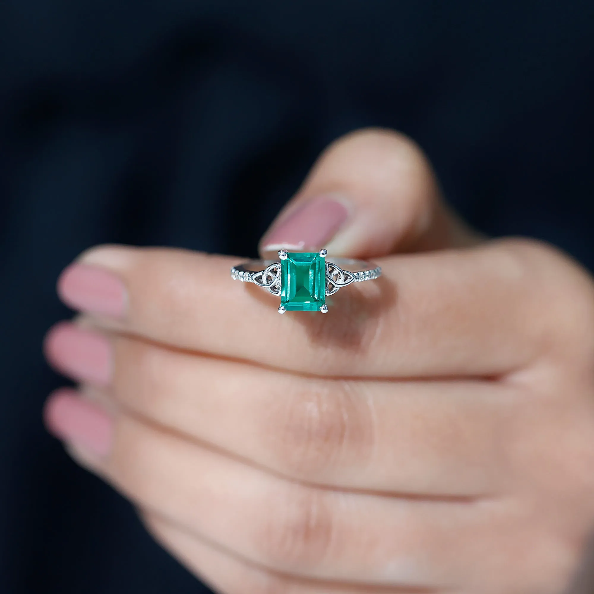 1.75 CT Celtic Knot Created Emerald and Diamond Ring