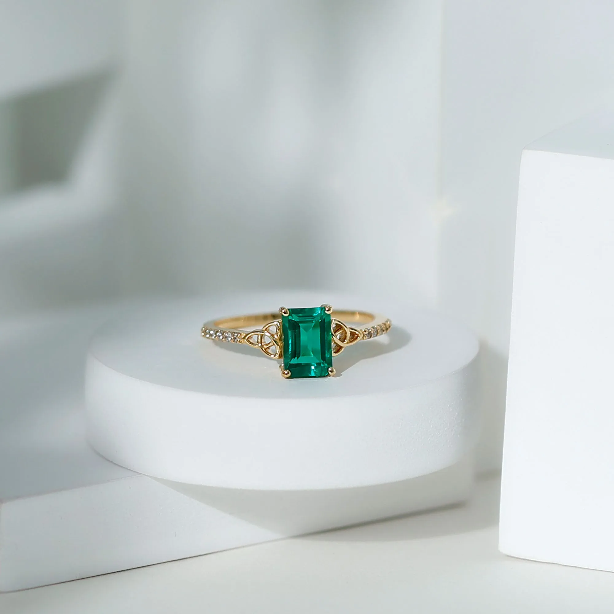1.75 CT Celtic Knot Created Emerald and Diamond Ring