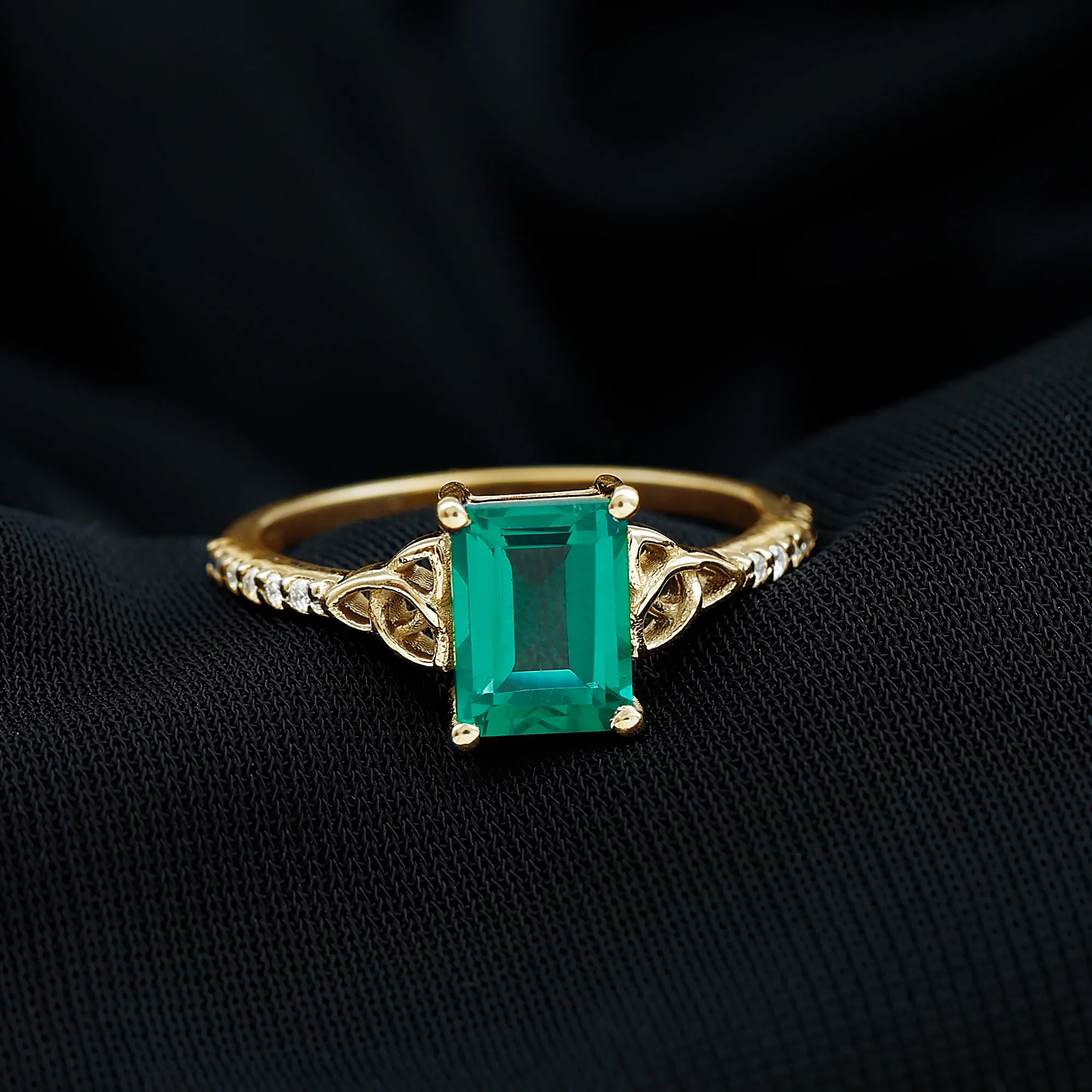 1.75 CT Celtic Knot Created Emerald and Diamond Ring