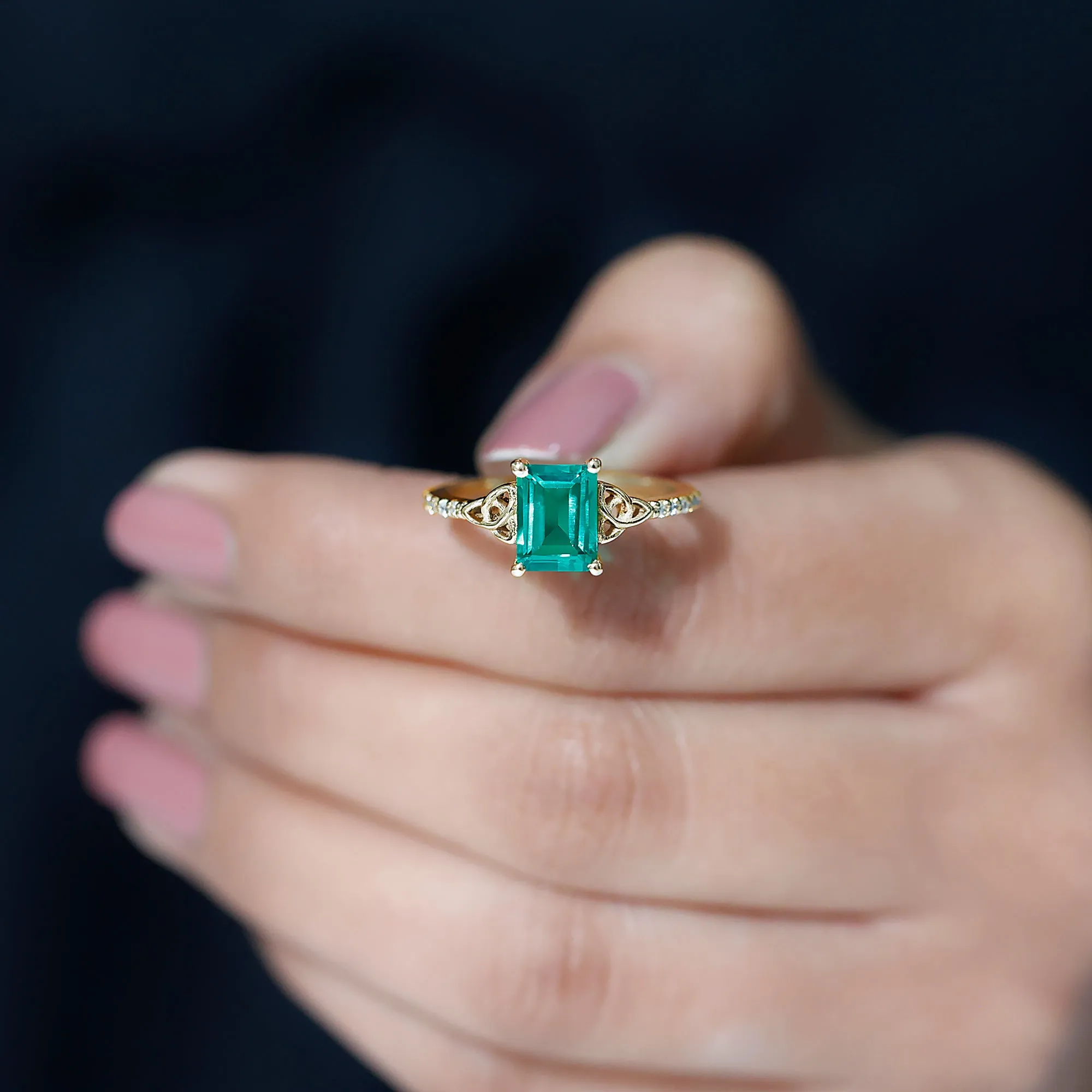 1.75 CT Celtic Knot Created Emerald and Diamond Ring