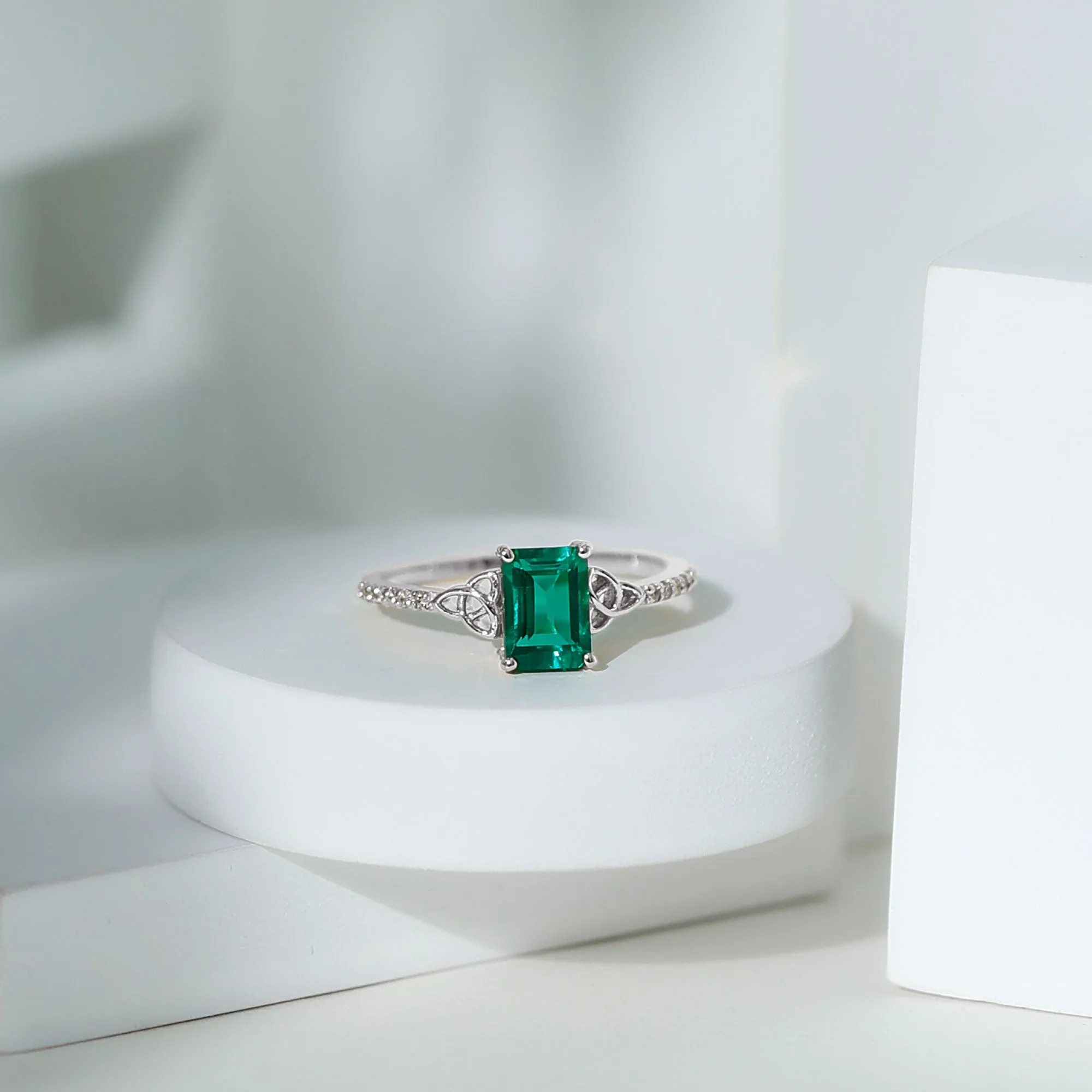 1.75 CT Celtic Knot Created Emerald and Diamond Ring