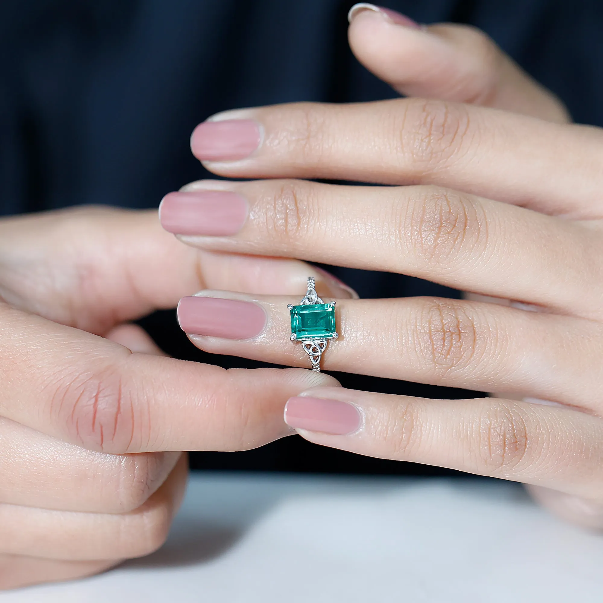 1.75 CT Celtic Knot Created Emerald and Diamond Ring