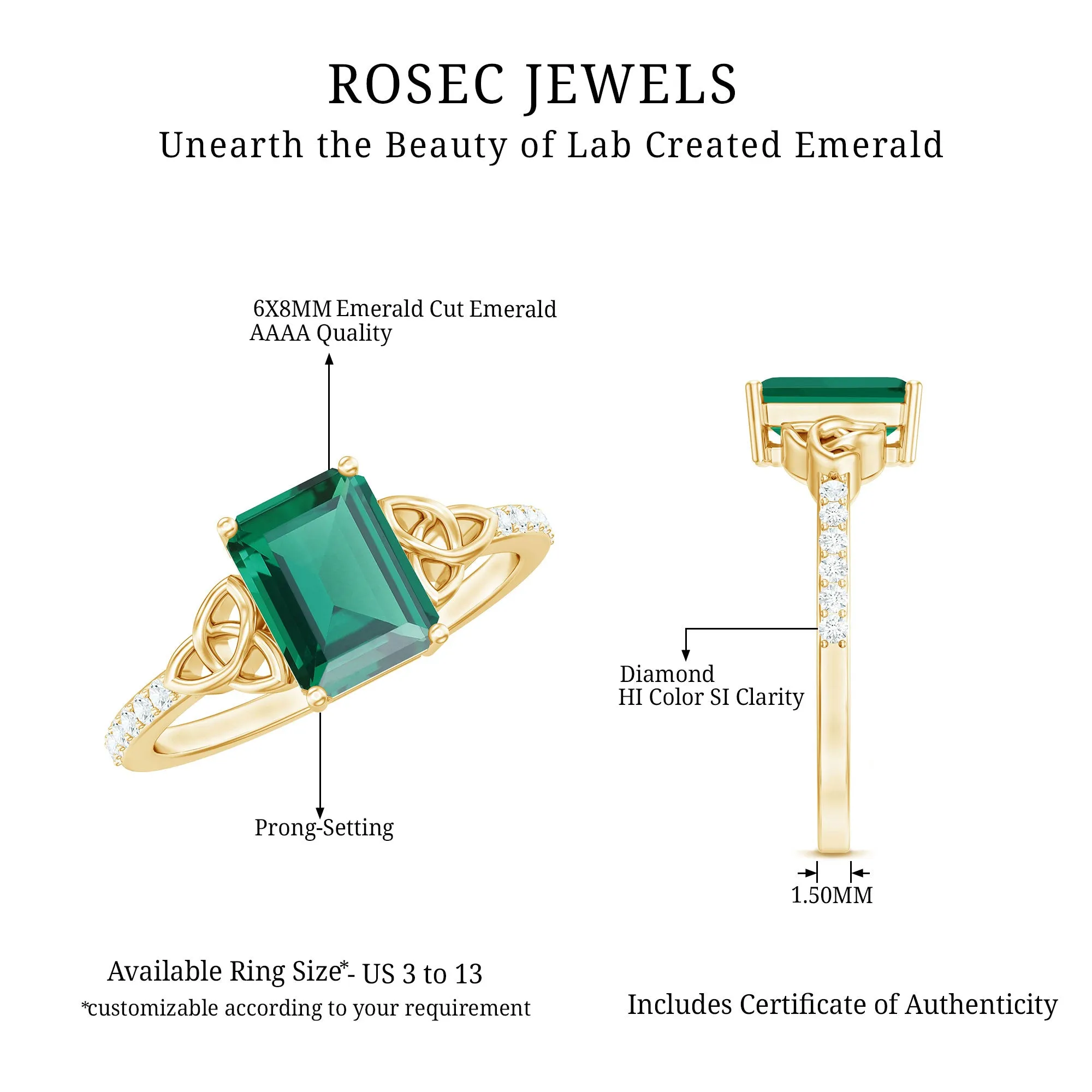 1.75 CT Celtic Knot Created Emerald and Diamond Ring