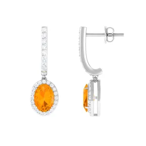 1.75 CT Claw Set Fire Opal and Diamond Drop Hoop Earrings