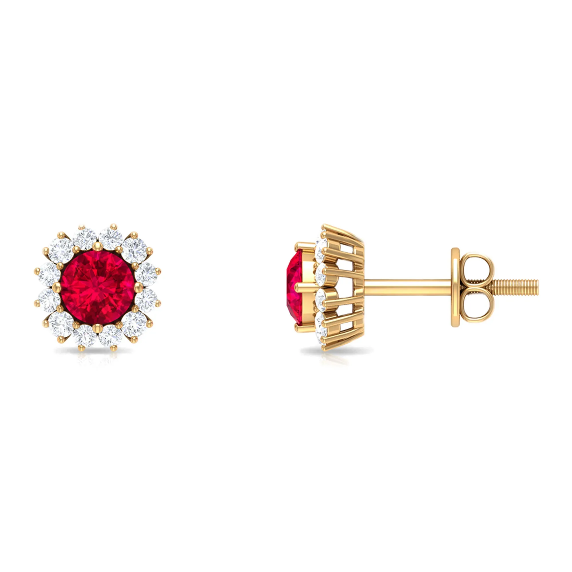 1.75 CT Lab Created Ruby Classic Stud Earring with Diamond Halo