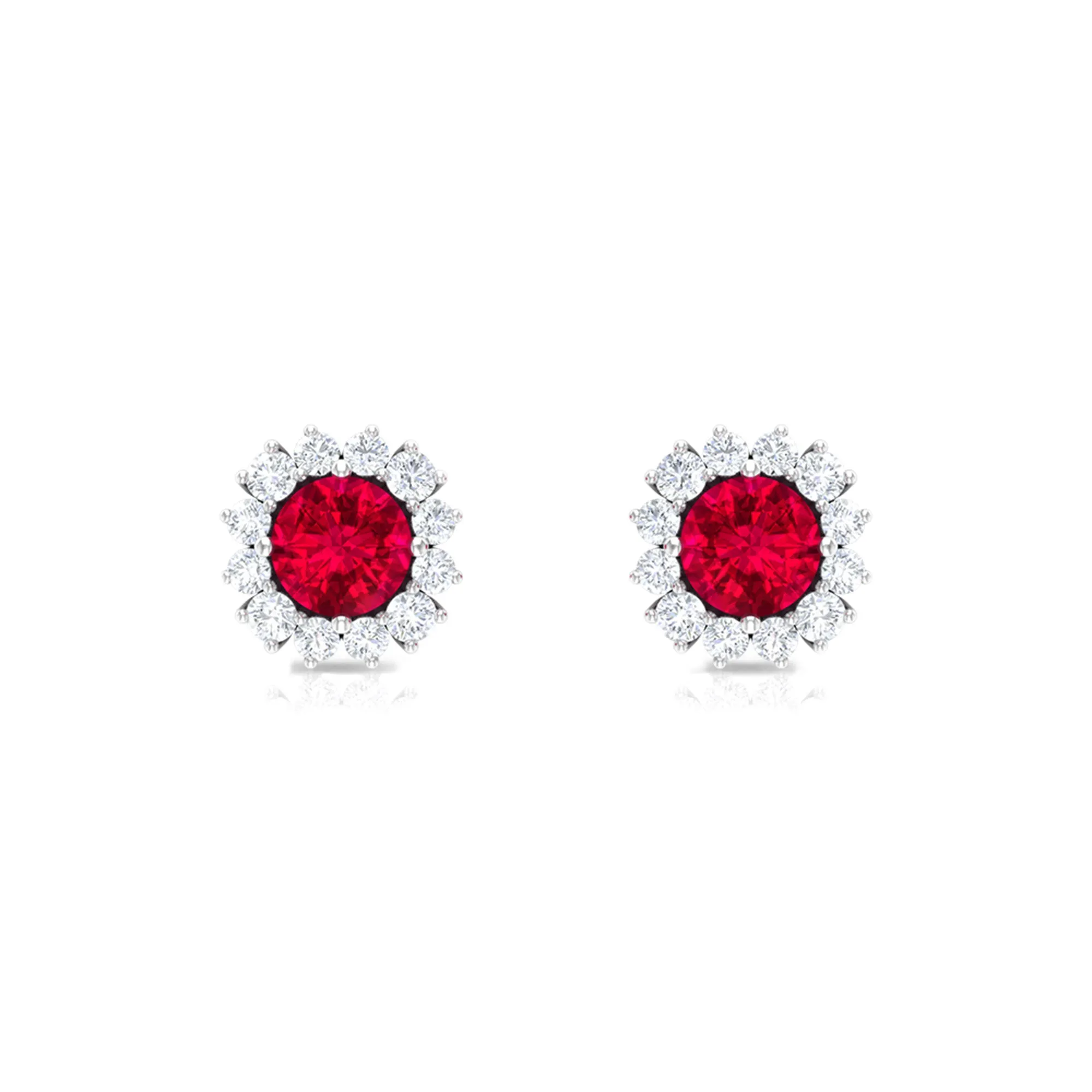 1.75 CT Lab Created Ruby Classic Stud Earring with Diamond Halo