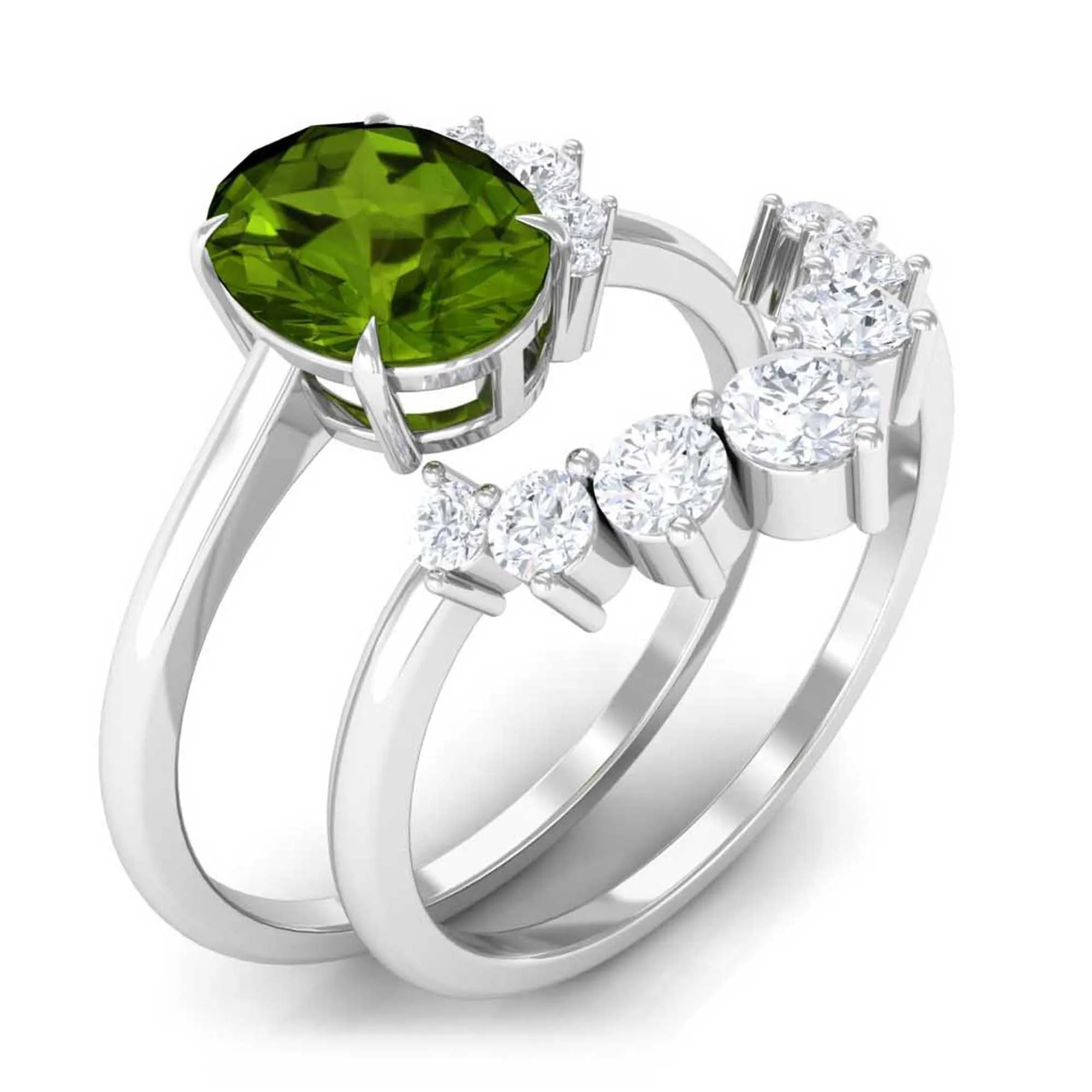 1.75 CT Peridot and Diamond Engagement Enhancer Ring Set