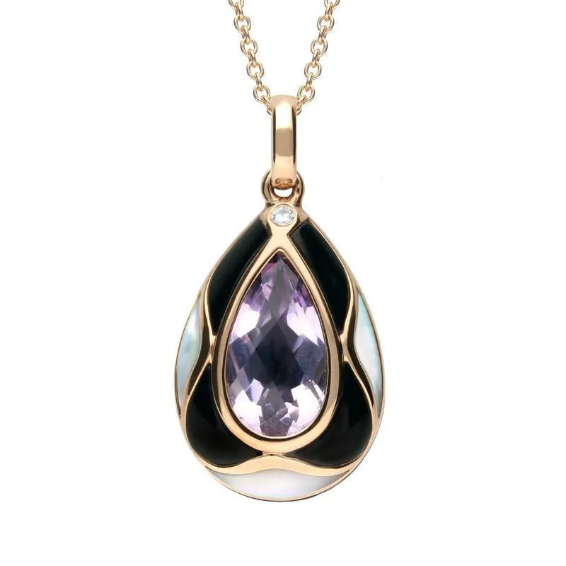 18ct Rose Gold Whitby Jet Diamond Amethyst Pear Necklace