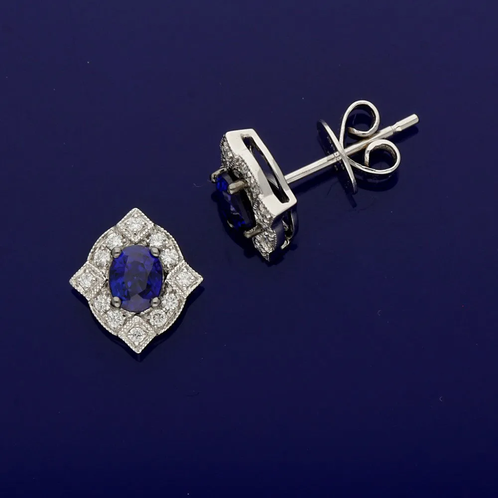 18ct White Gold Sapphire and Diamond Art Deco Cluster Earrings