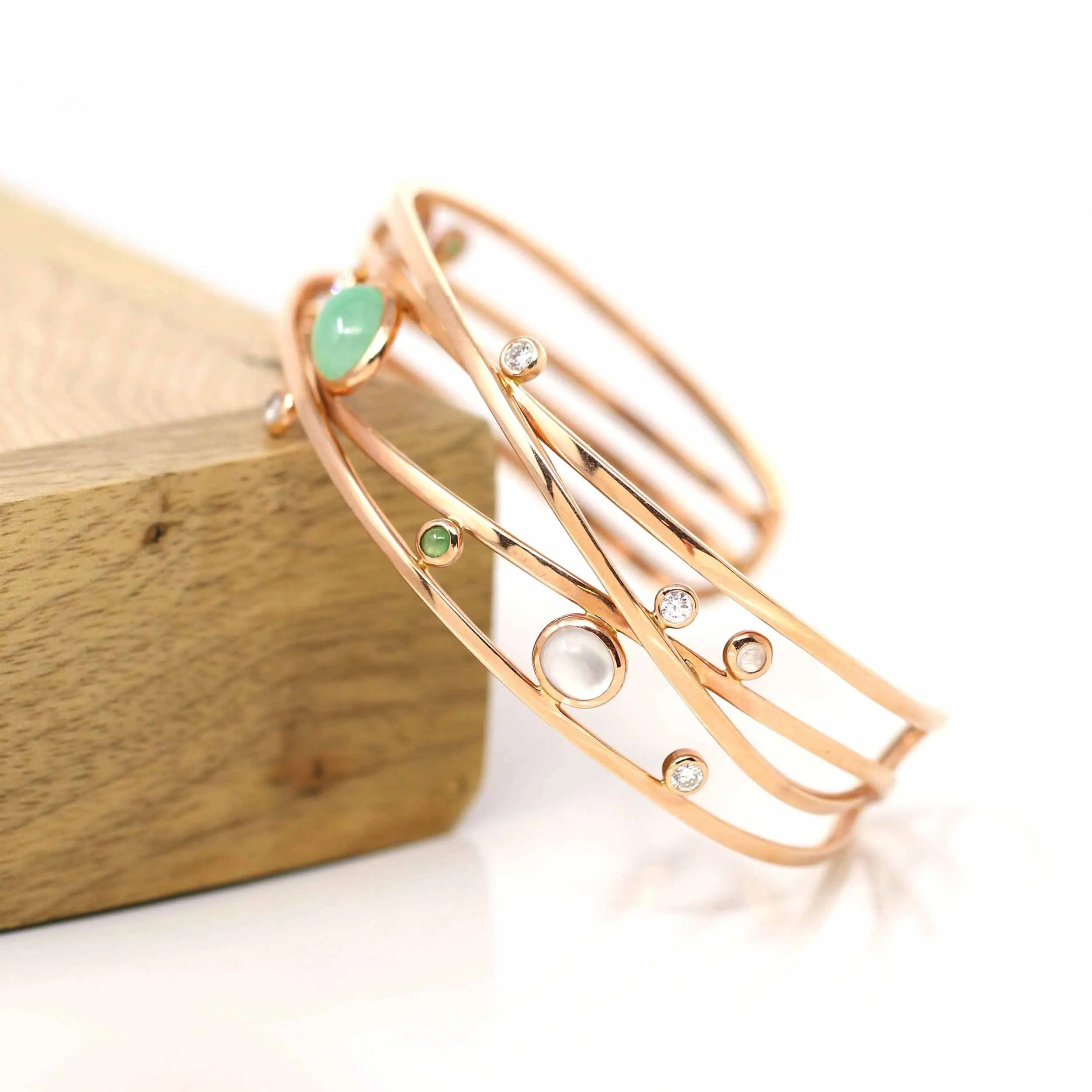 18k Rose Gold Oval Bracelet Bangle with Jade & Diamonds