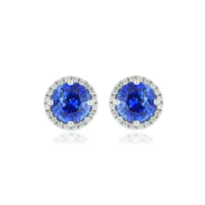 18k White Gold Blue Sapphire and Diamond Halo Stud Earrings