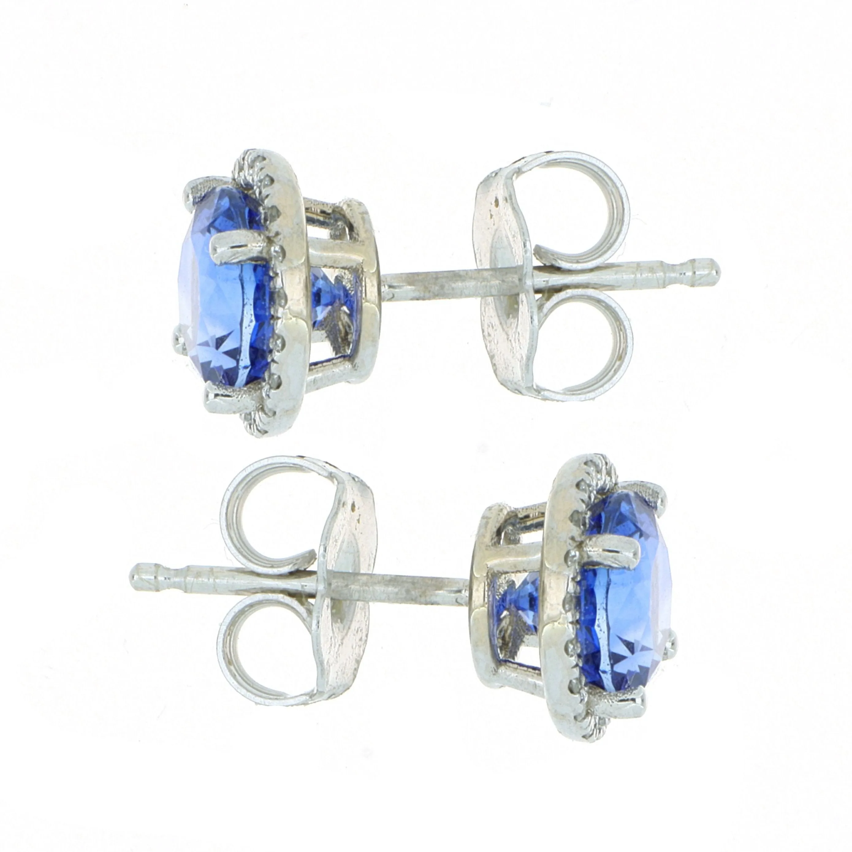 18k White Gold Blue Sapphire and Diamond Halo Stud Earrings