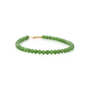 18K Yellow Gold Clasp With Genuine Green Jade Round Beads Bracelet Bangle ( 4 mm )
