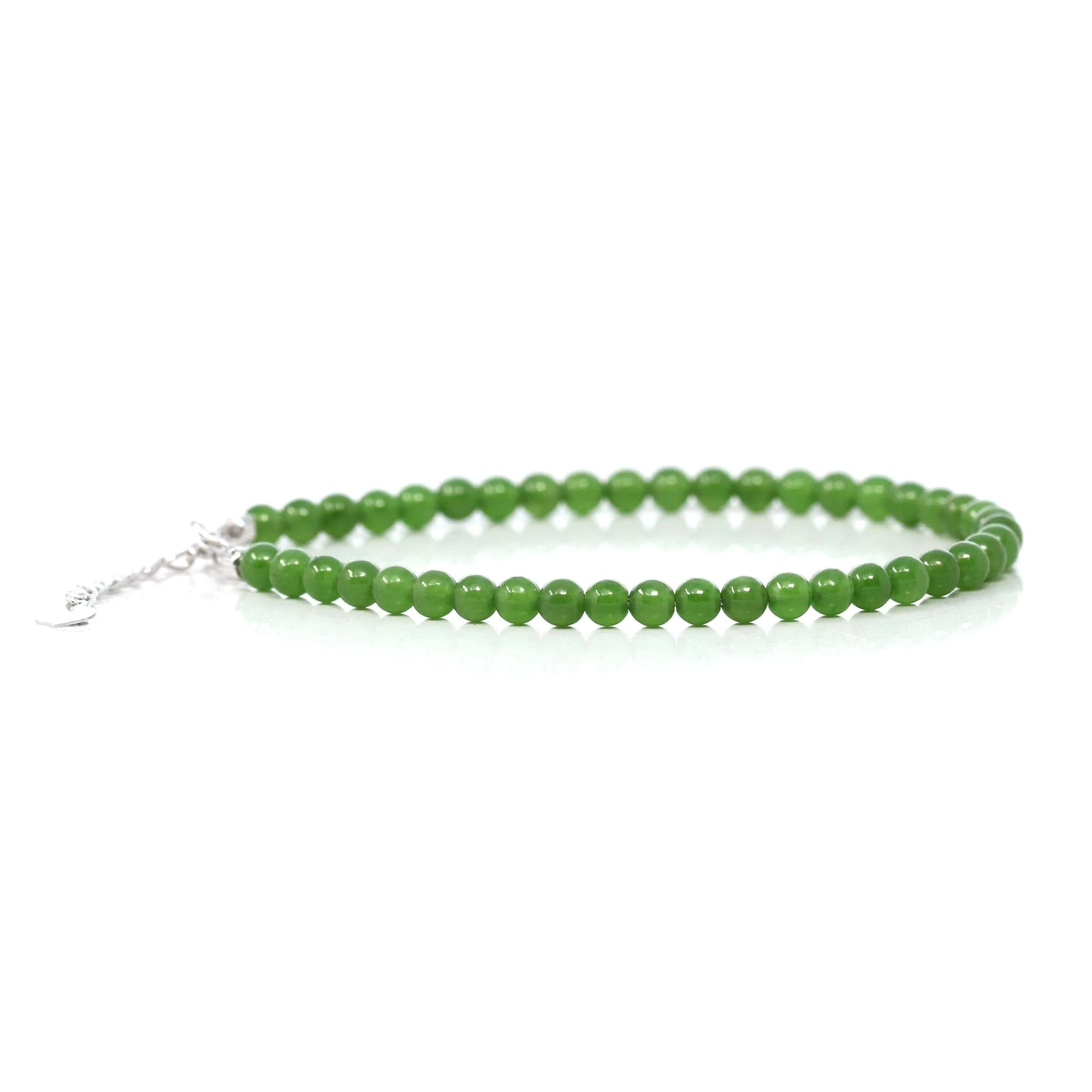 18K Yellow Gold Clasp With Genuine Green Jade Round Beads Bracelet Bangle ( 4 mm )