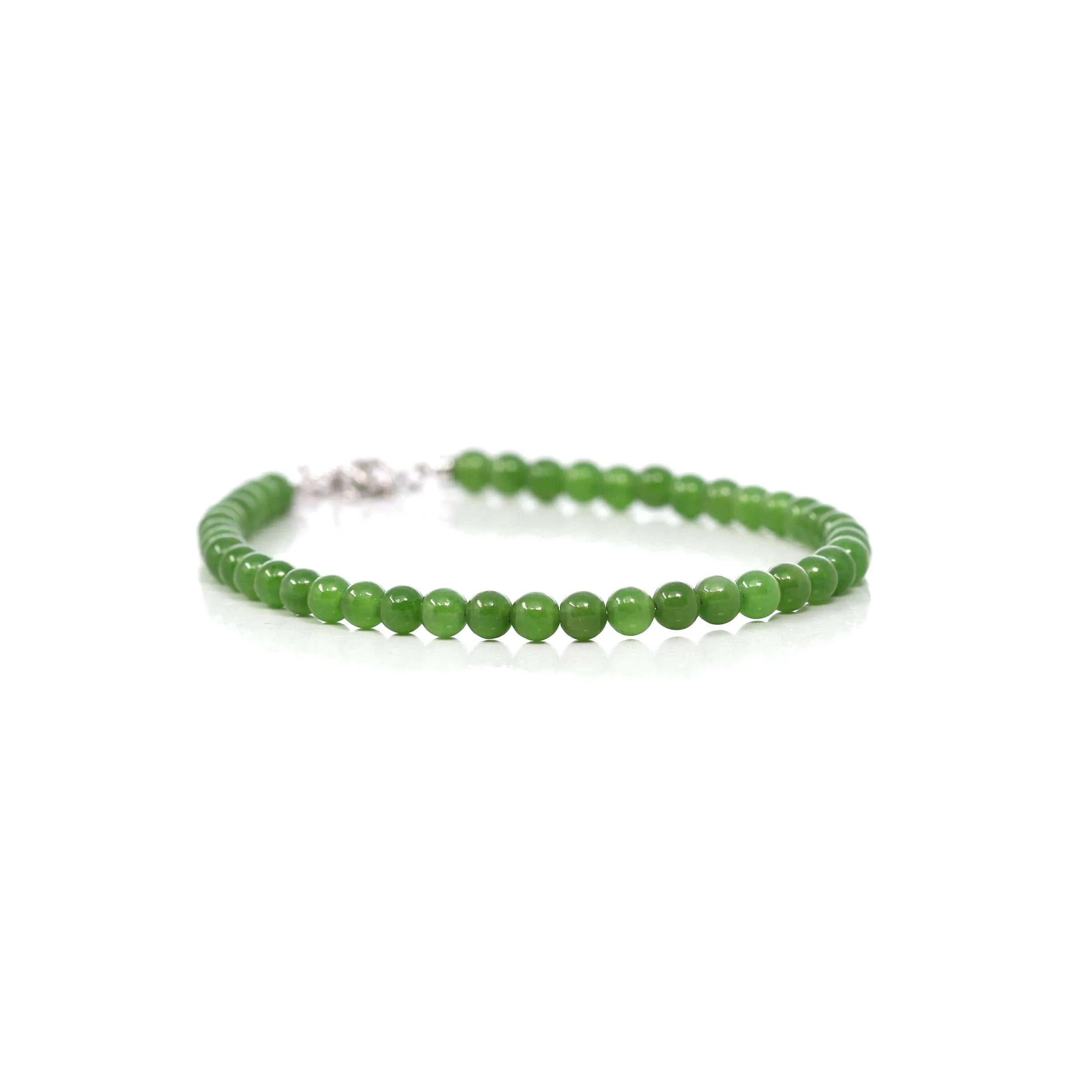 18K Yellow Gold Clasp With Genuine Green Jade Round Beads Bracelet Bangle ( 4 mm )