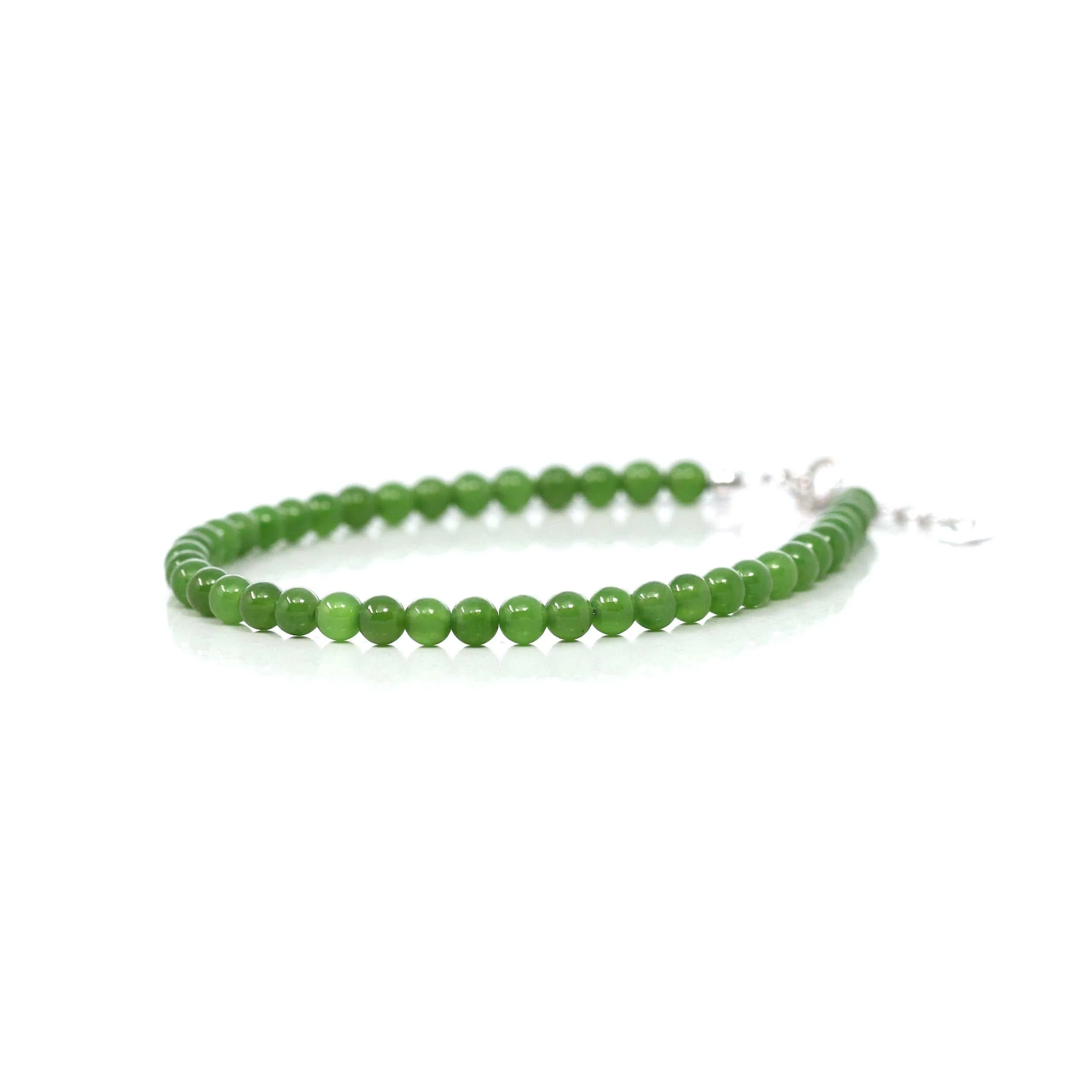 18K Yellow Gold Clasp With Genuine Green Jade Round Beads Bracelet Bangle ( 4 mm )