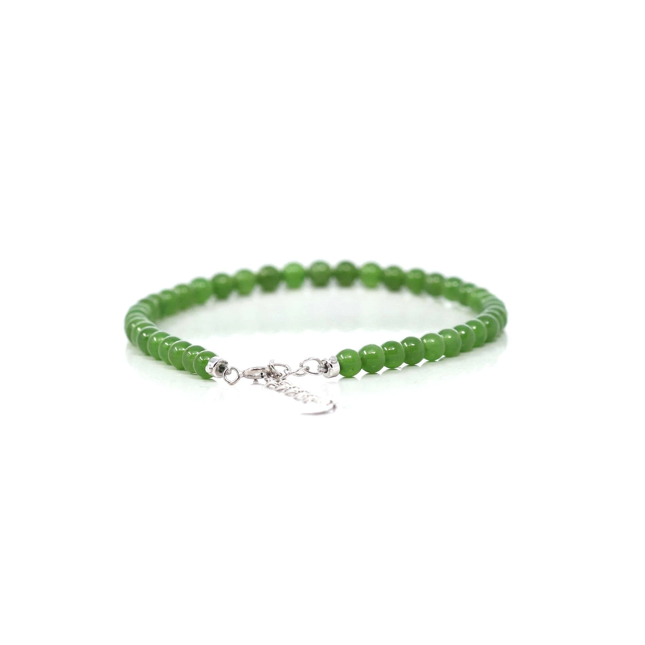 18K Yellow Gold Clasp With Genuine Green Jade Round Beads Bracelet Bangle ( 4 mm )
