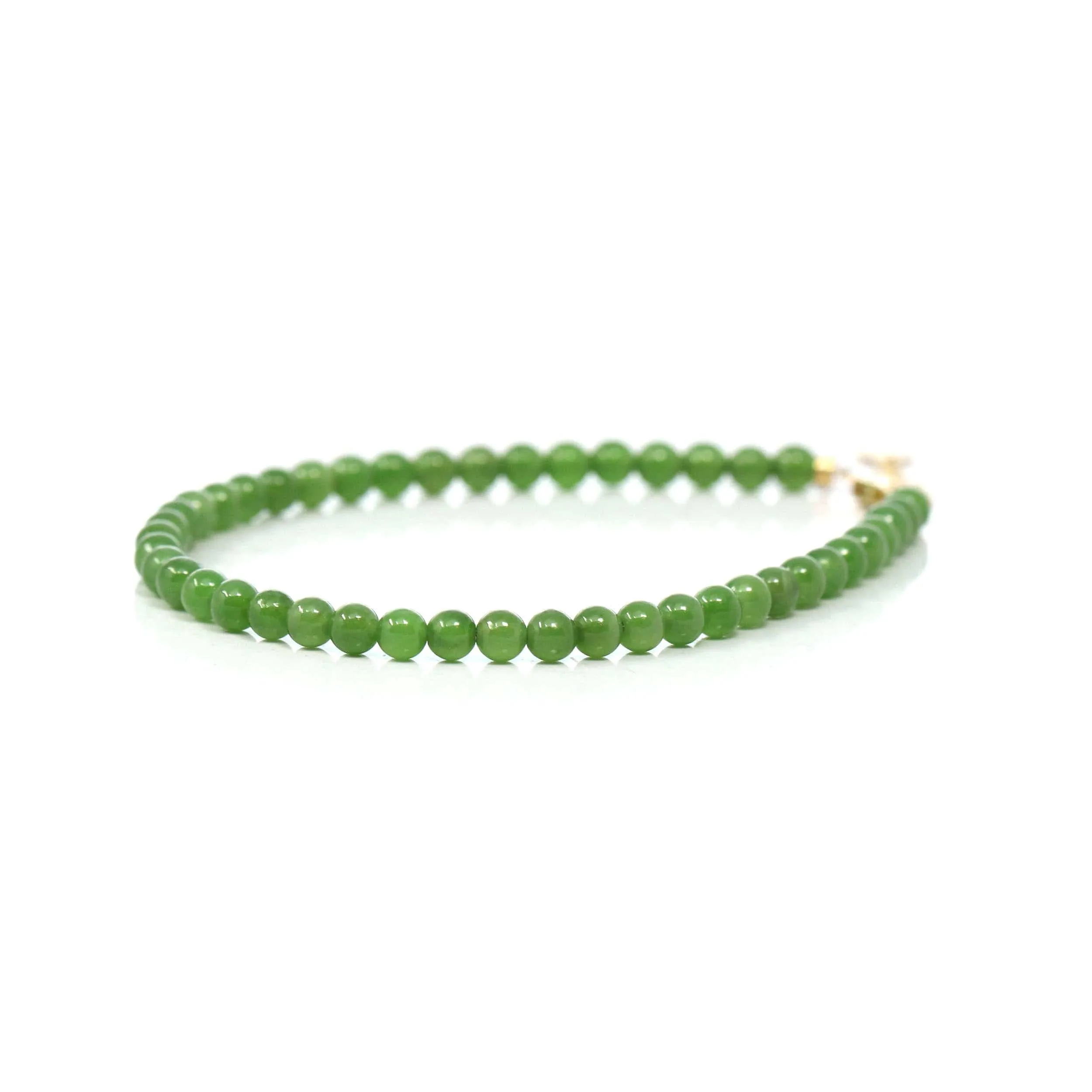 18K Yellow Gold Clasp With Genuine Green Jade Round Beads Bracelet Bangle ( 4 mm )