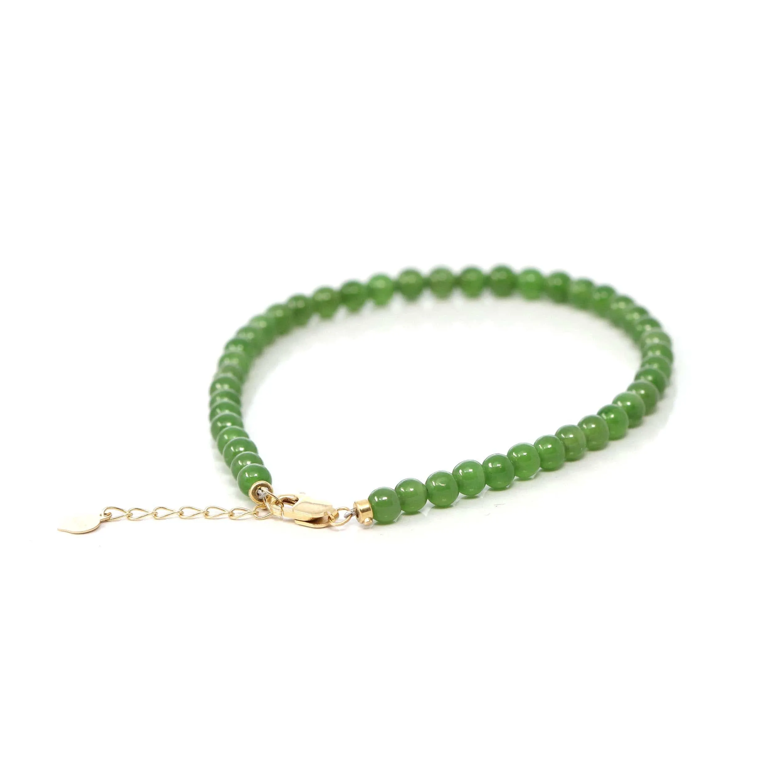 18K Yellow Gold Clasp With Genuine Green Jade Round Beads Bracelet Bangle ( 4 mm )