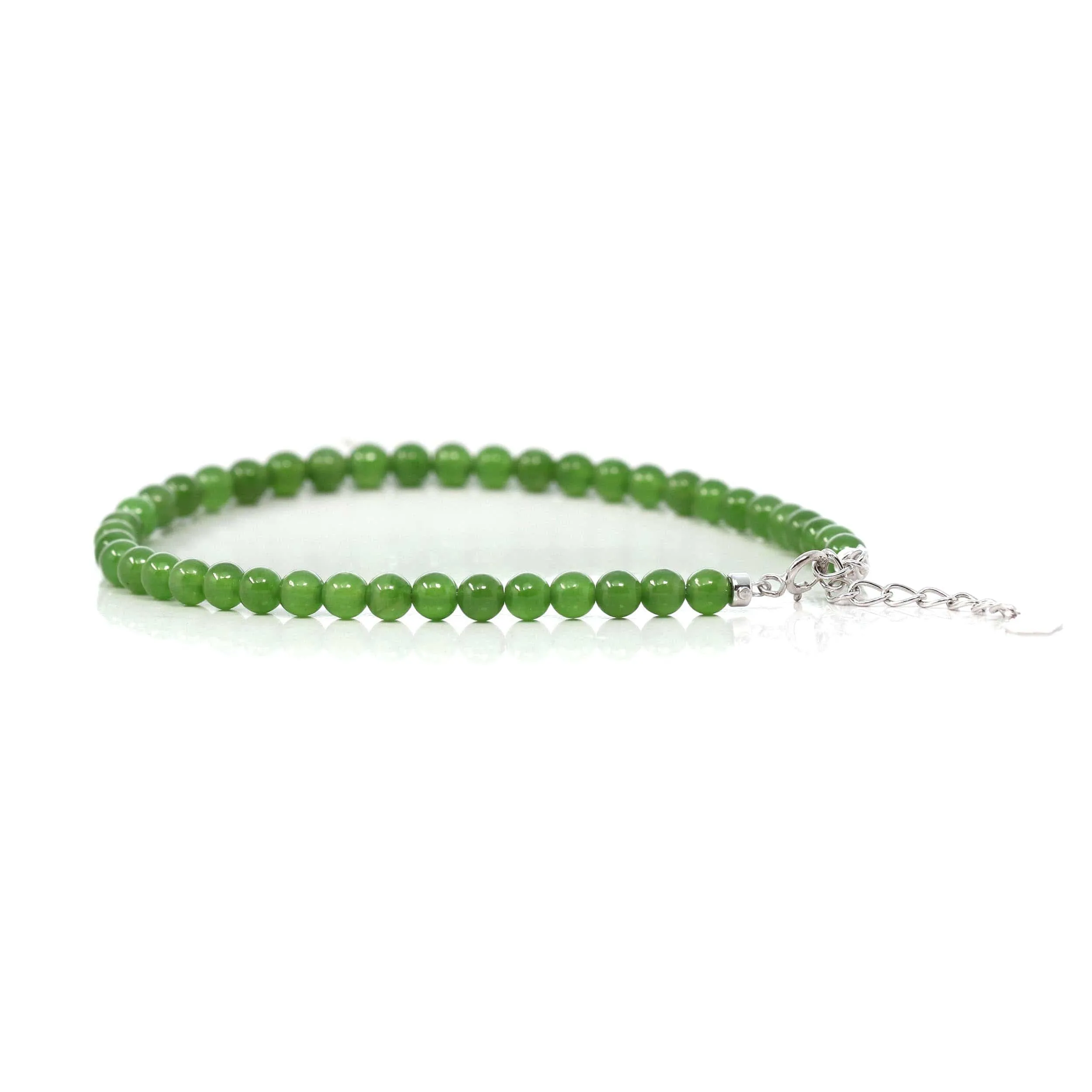 18K Yellow Gold Clasp With Genuine Green Jade Round Beads Bracelet Bangle ( 4 mm )