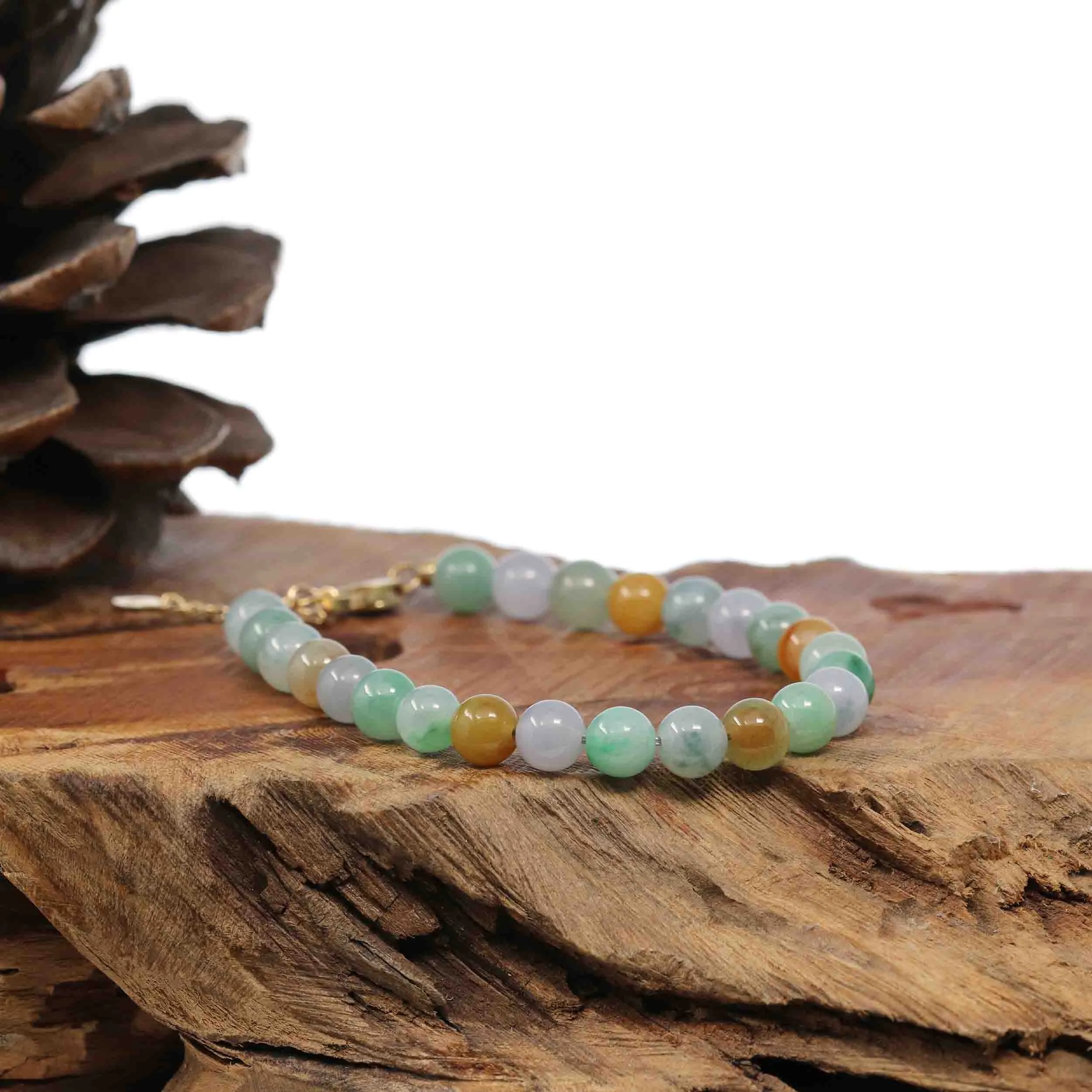 18k Yellow Gold Multi Color Jadeite Jade Beads Bracelet (6.5 mm)