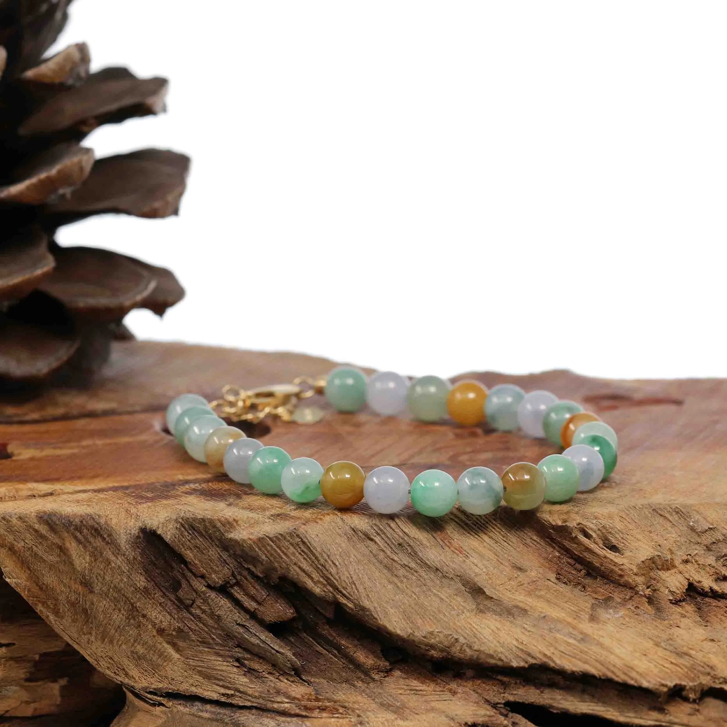 18k Yellow Gold Multi Color Jadeite Jade Beads Bracelet (6.5 mm)