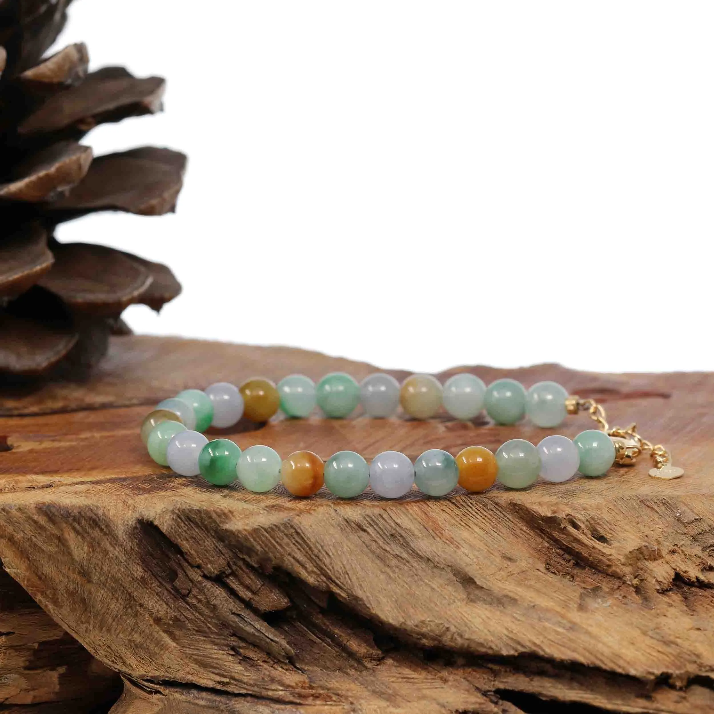 18k Yellow Gold Multi Color Jadeite Jade Beads Bracelet (6.5 mm)