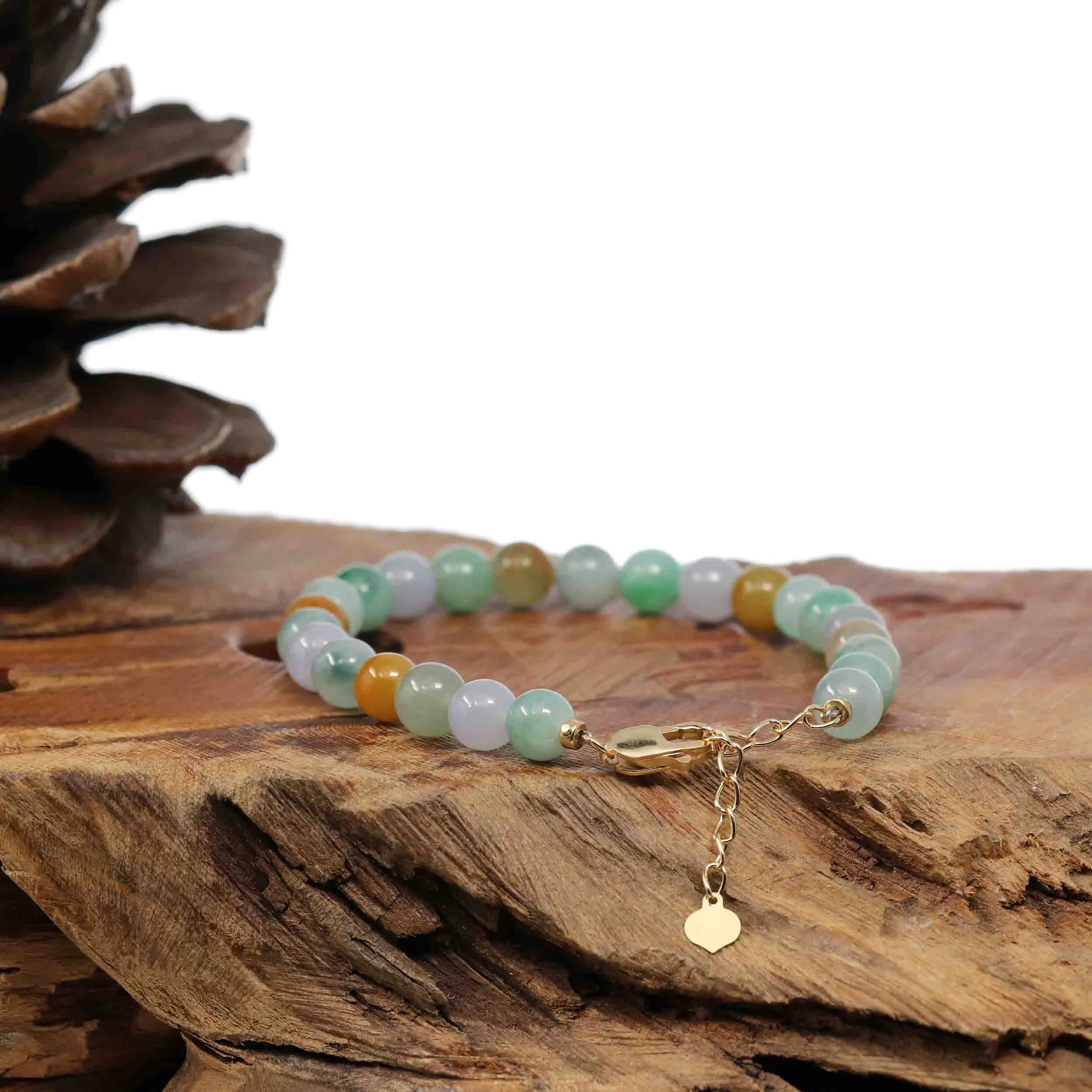 18k Yellow Gold Multi Color Jadeite Jade Beads Bracelet (6.5 mm)