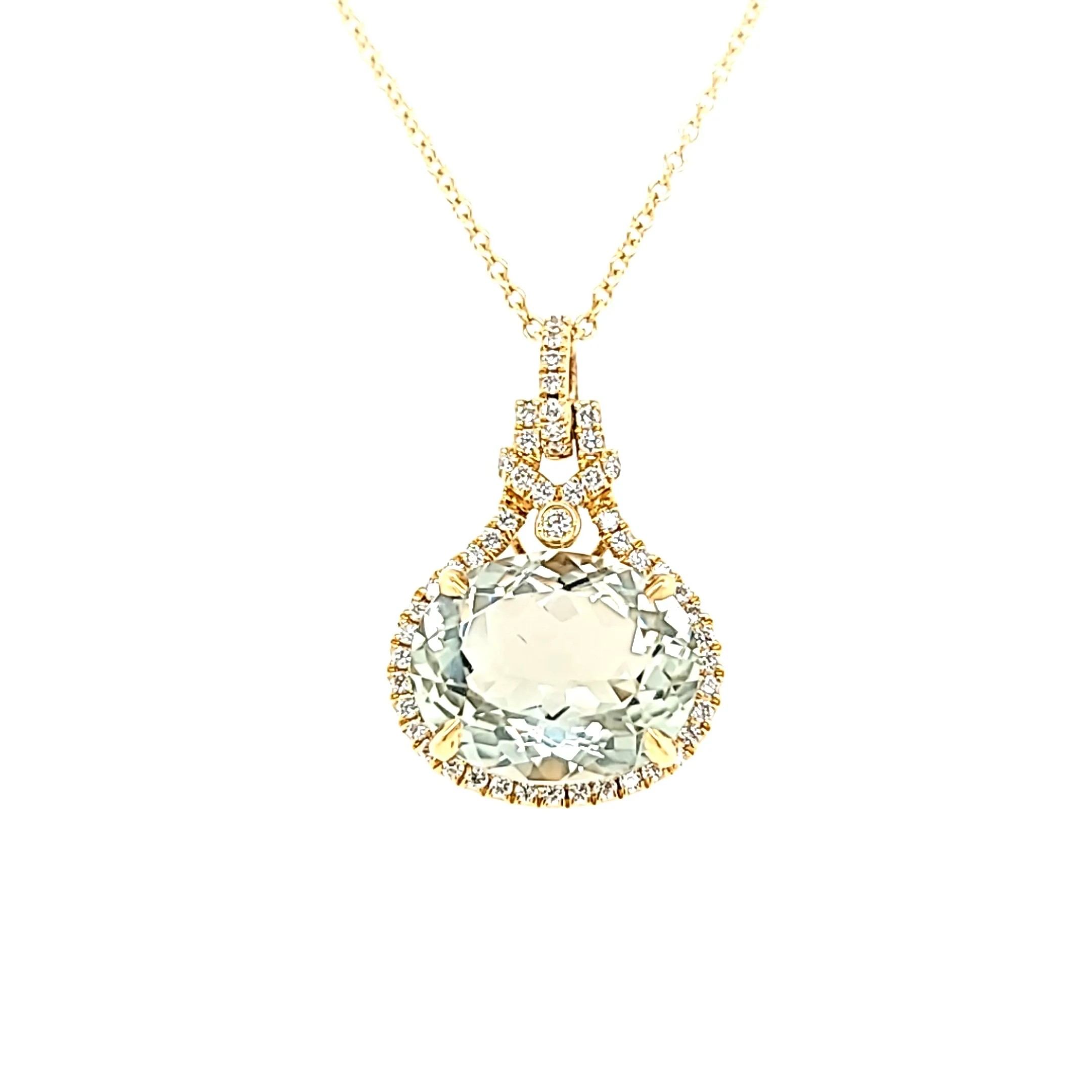 18k Yellow Gold Oval Green Amethyst Necklace (I6734)