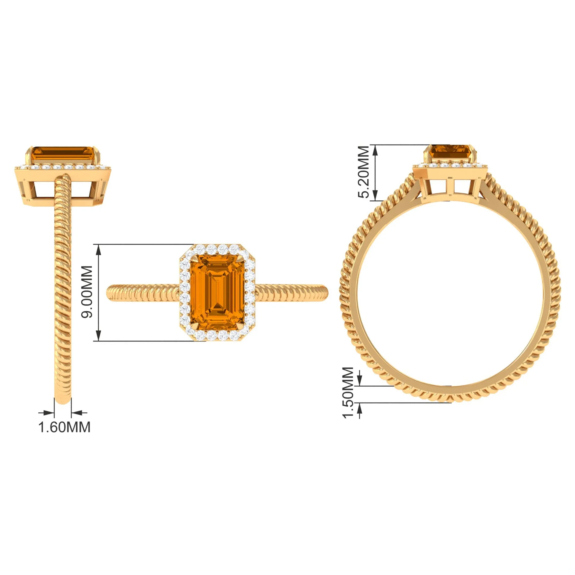 2 CT Emerald Cut Citrine Solitaire Engagement Ring with Diamond Halo