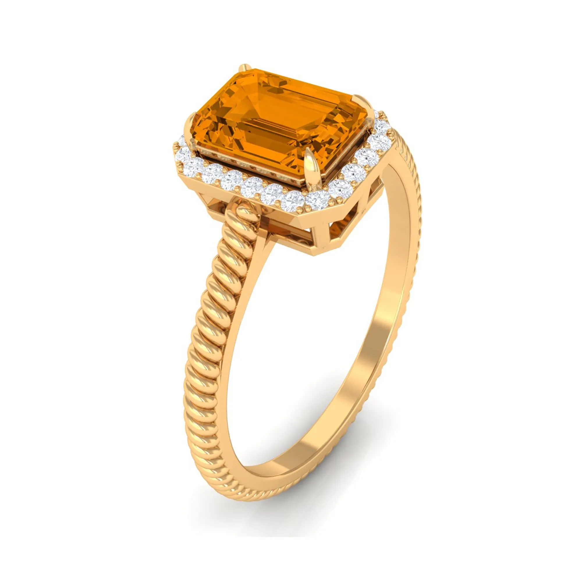 2 CT Emerald Cut Citrine Solitaire Engagement Ring with Diamond Halo