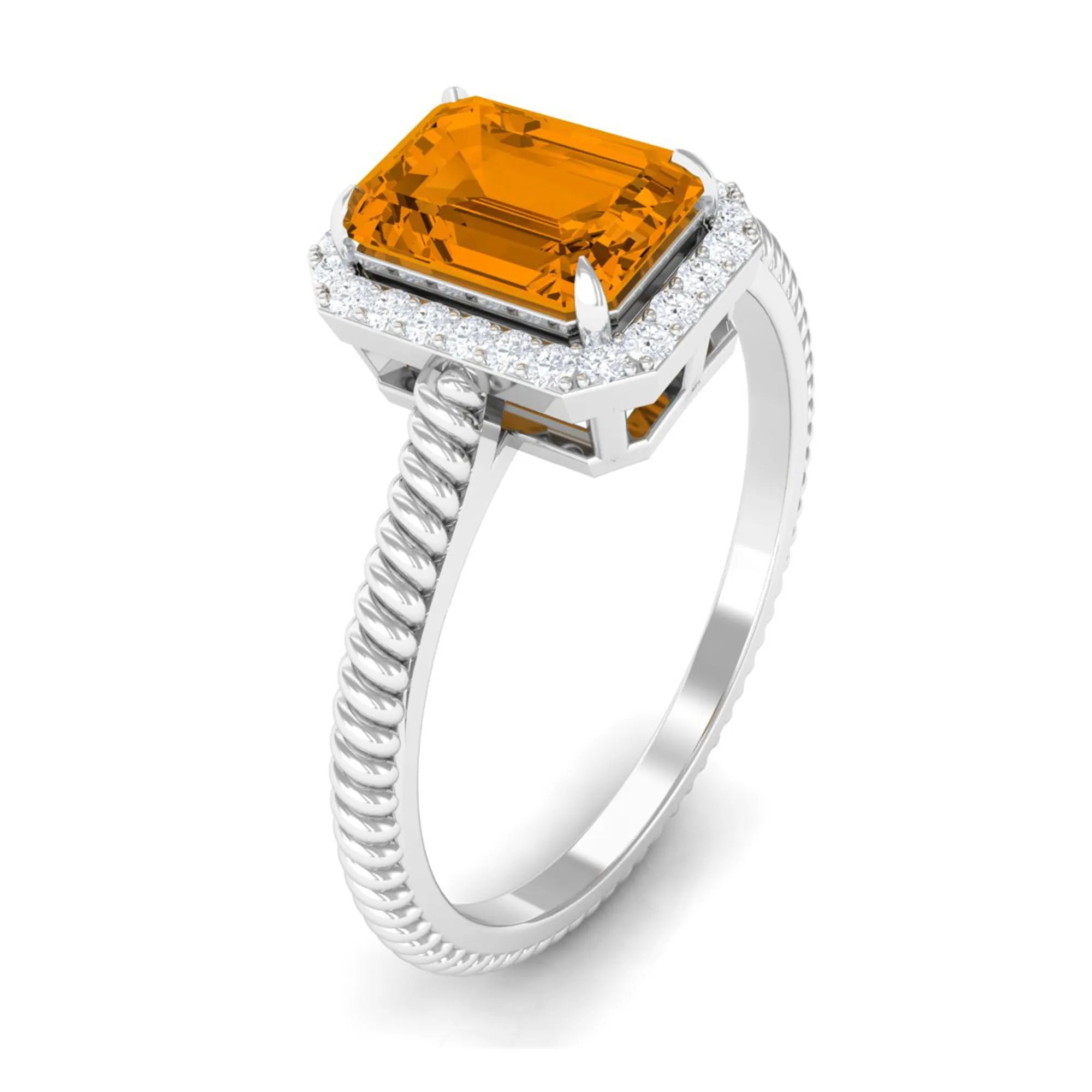 2 CT Emerald Cut Citrine Solitaire Engagement Ring with Diamond Halo