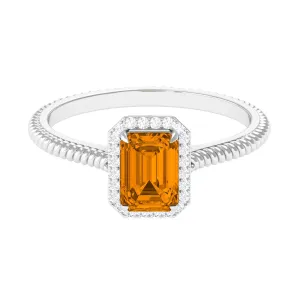 2 CT Emerald Cut Citrine Solitaire Engagement Ring with Diamond Halo