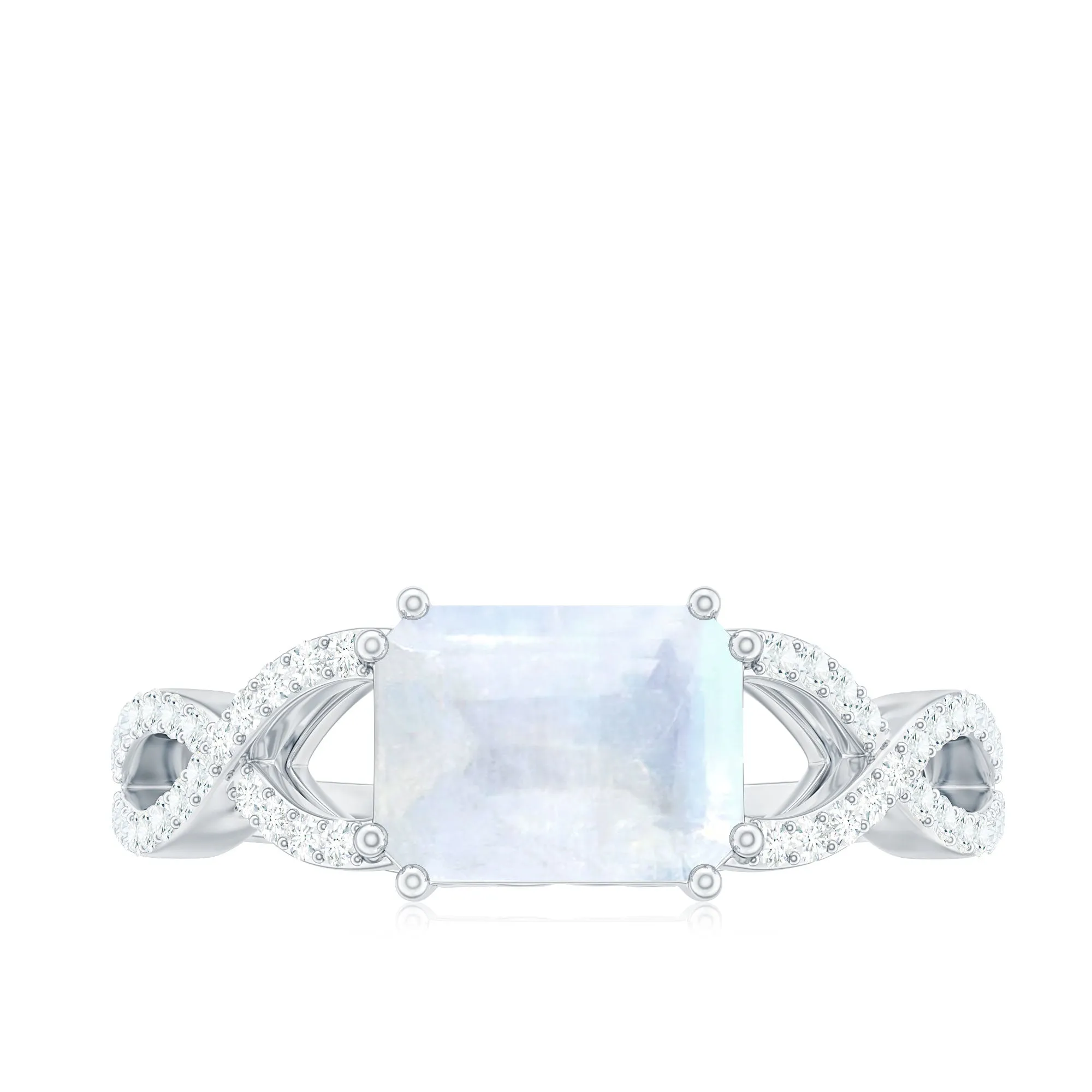 2 CT Emerald Cut Moonstone East West Crossover Ring with Diamond