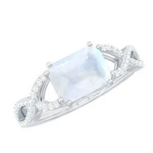 2 CT Emerald Cut Moonstone East West Crossover Ring with Diamond