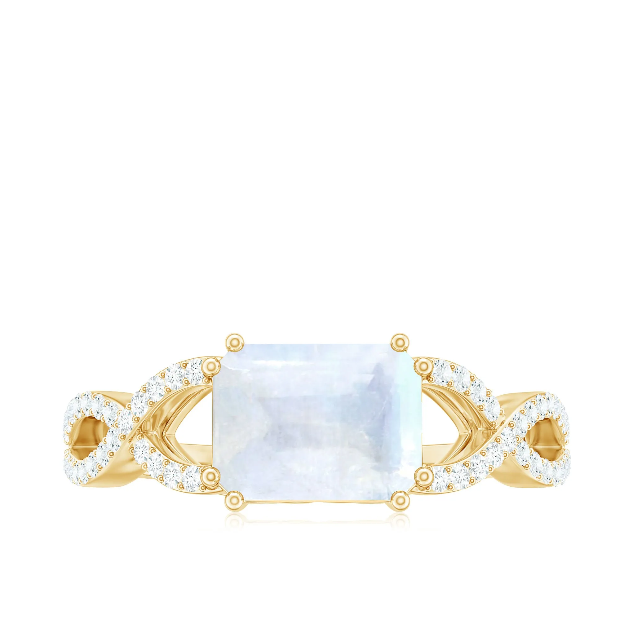 2 CT Emerald Cut Moonstone East West Crossover Ring with Diamond