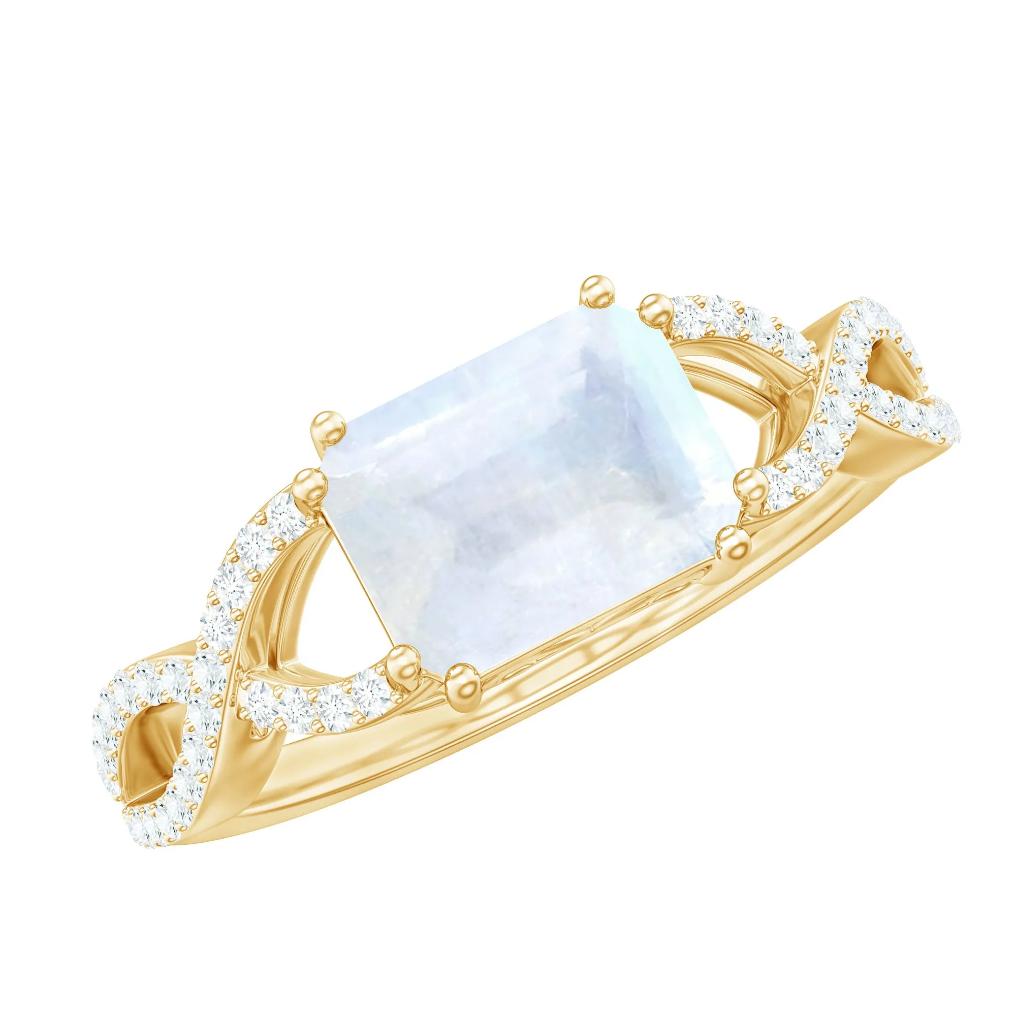 2 CT Emerald Cut Moonstone East West Crossover Ring with Diamond