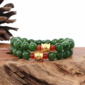24K Pure Yellow Gold Buddha Symbol Tongtong With Genuine Green Jade Round Beads Bracelet Bangle ( 9.5 mm )