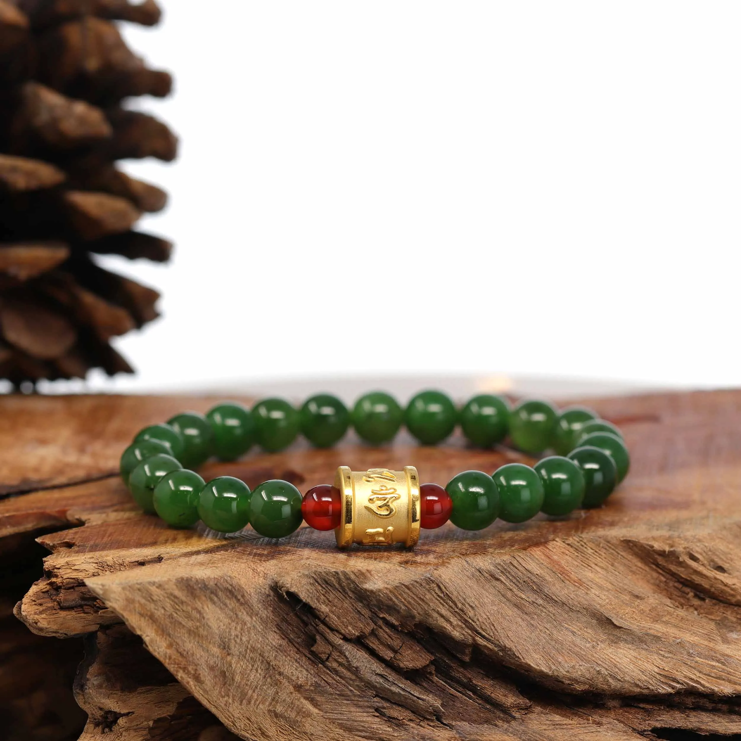 24K Pure Yellow Gold Buddha Symbol Tongtong With Genuine Green Jade Round Beads Bracelet Bangle ( 9.5 mm )
