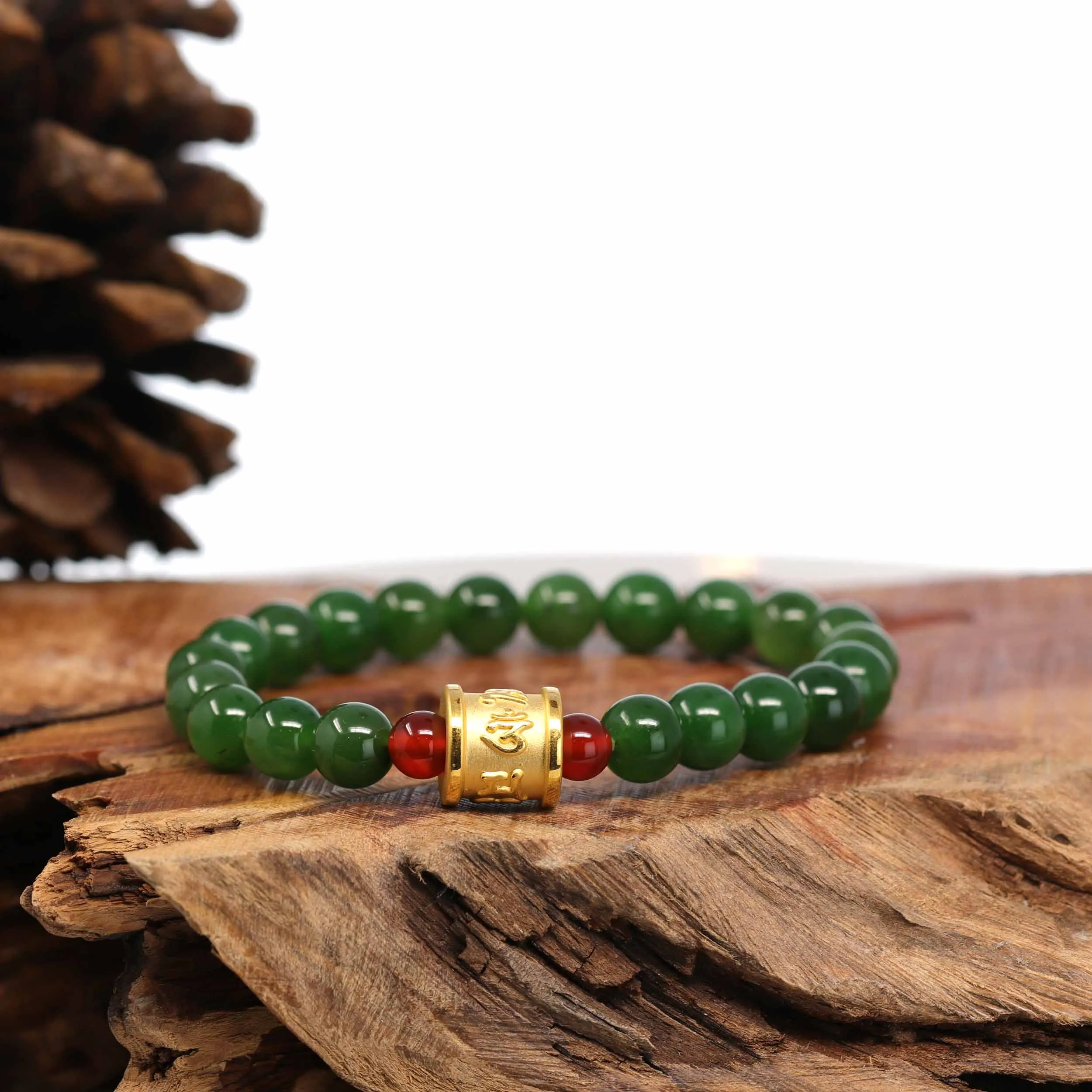 24K Pure Yellow Gold Buddha Symbol Tongtong With Genuine Green Jade Round Beads Bracelet Bangle ( 9.5 mm )