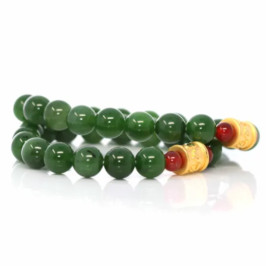 24K Pure Yellow Gold Buddha Symbol Tongtong With Genuine Green Jade Round Beads Bracelet Bangle ( 9.5 mm )
