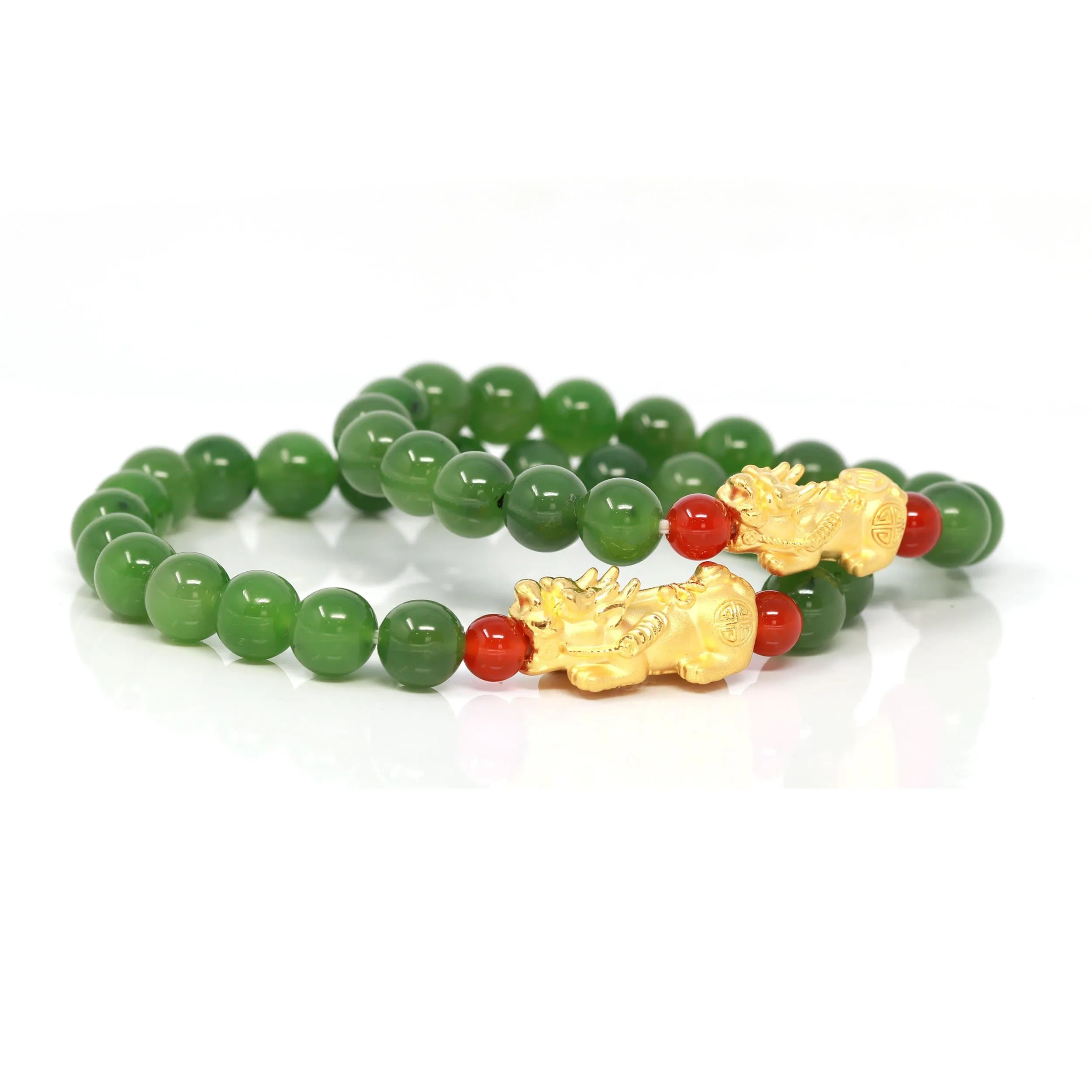 24K Pure Yellow Gold "PiXiu" With Genuine Green Jade Round Beads Bracelet Bangle ( 8 mm )