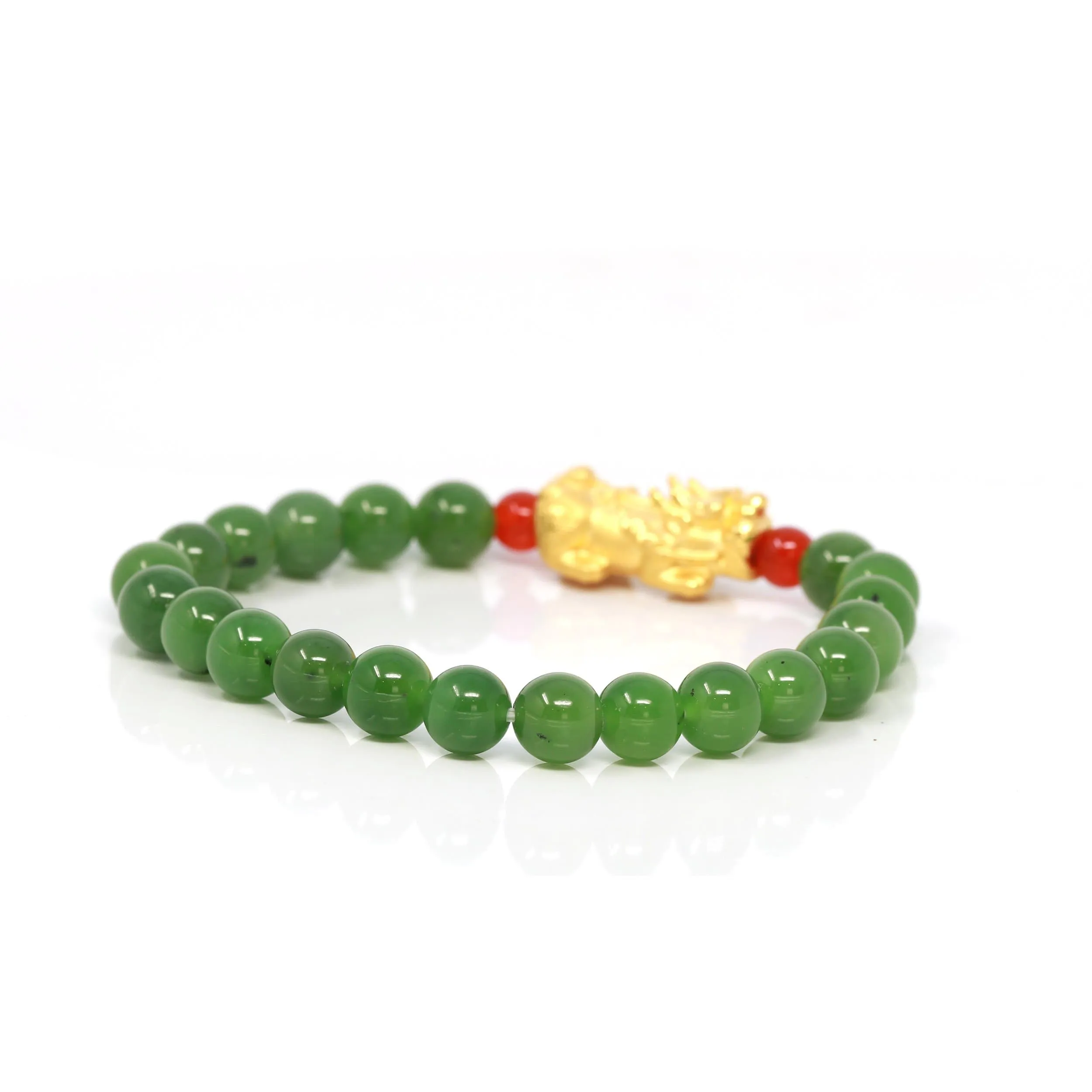 24K Pure Yellow Gold "PiXiu" With Genuine Green Jade Round Beads Bracelet Bangle ( 8 mm )