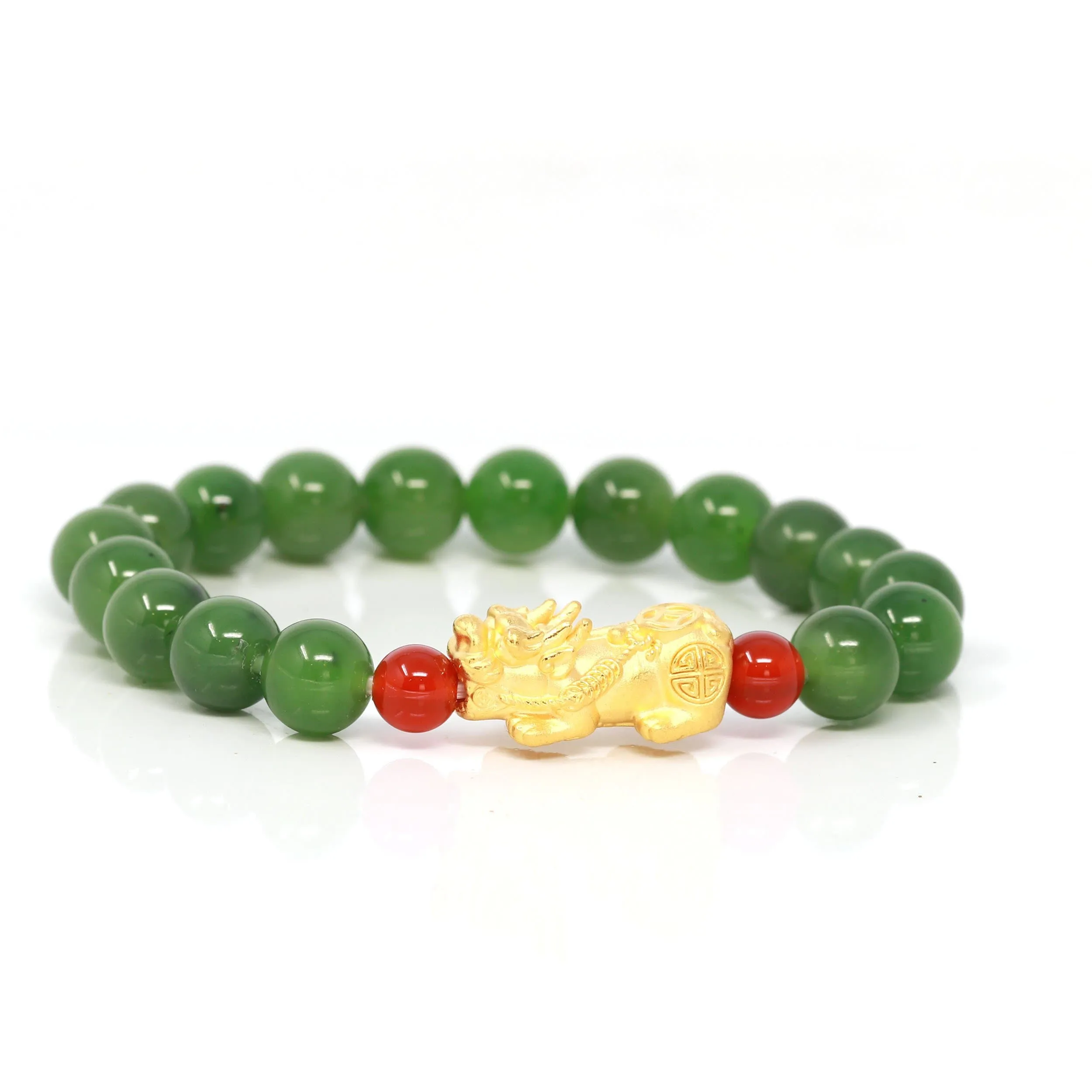 24K Pure Yellow Gold "PiXiu" With Genuine Green Jade Round Beads Bracelet Bangle ( 8 mm )