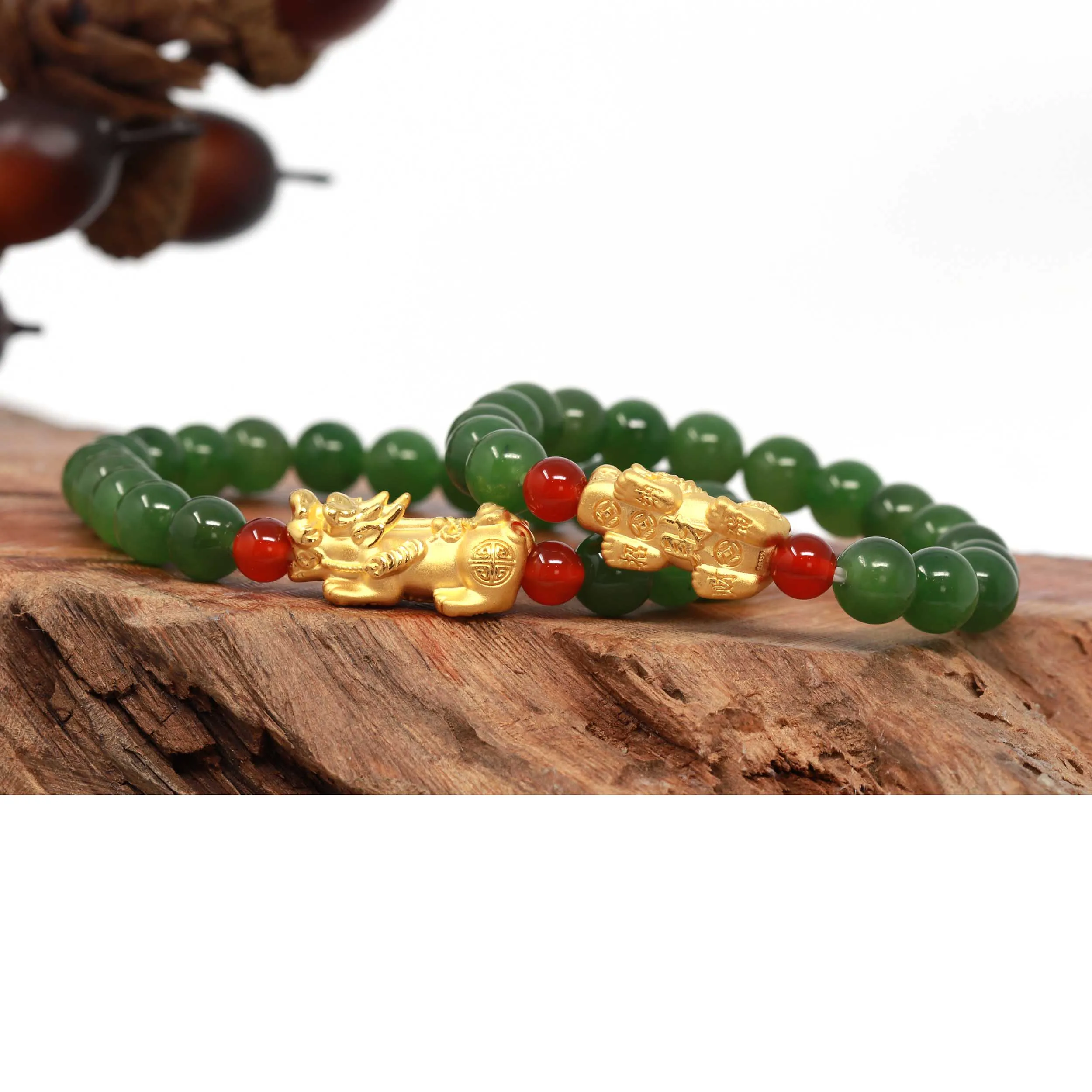 24K Pure Yellow Gold "PiXiu" With Genuine Green Jade Round Beads Bracelet Bangle ( 8 mm )