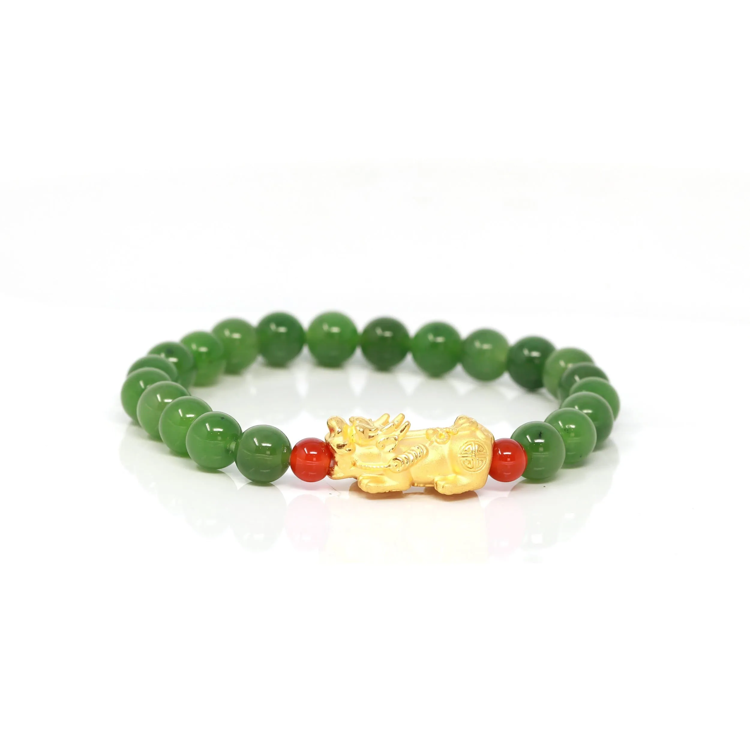 24K Pure Yellow Gold "PiXiu" With Genuine Green Jade Round Beads Bracelet Bangle ( 8 mm )