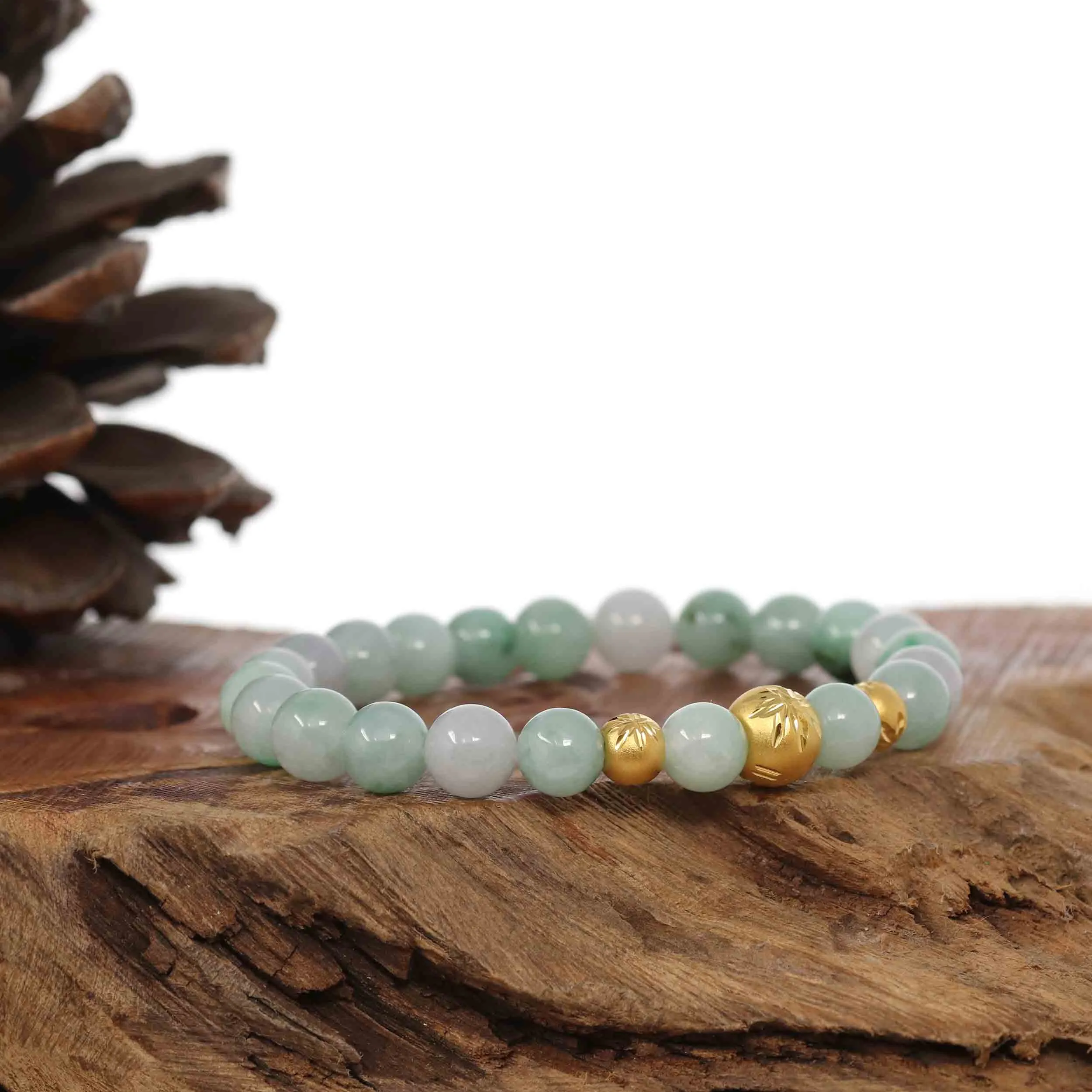 24K Pure Yellow Gold Star Beads With Genuine Green Jade Round Beads Bracelet ( 7.5 mm )