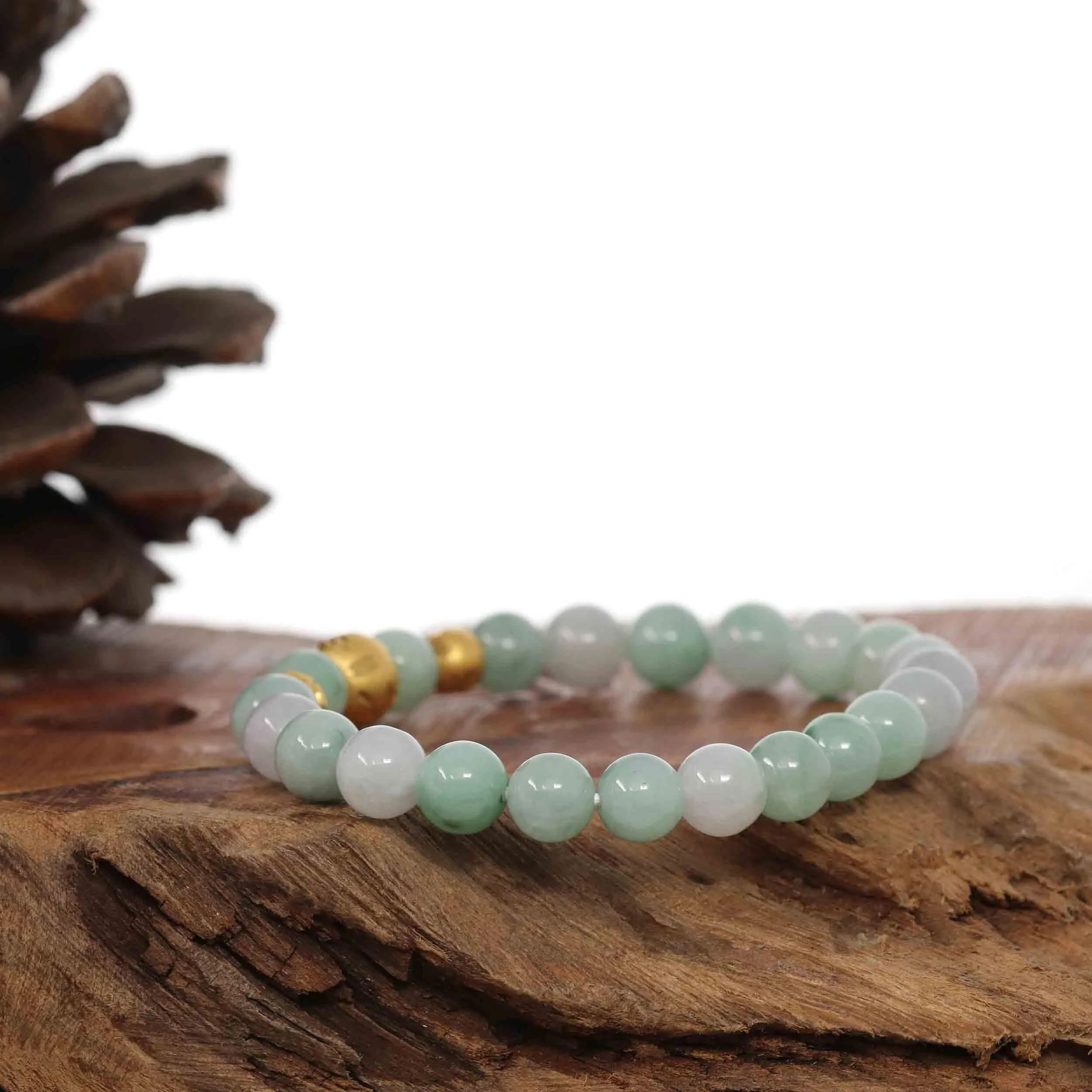 24K Pure Yellow Gold Star Beads With Genuine Green Jade Round Beads Bracelet ( 7.5 mm )