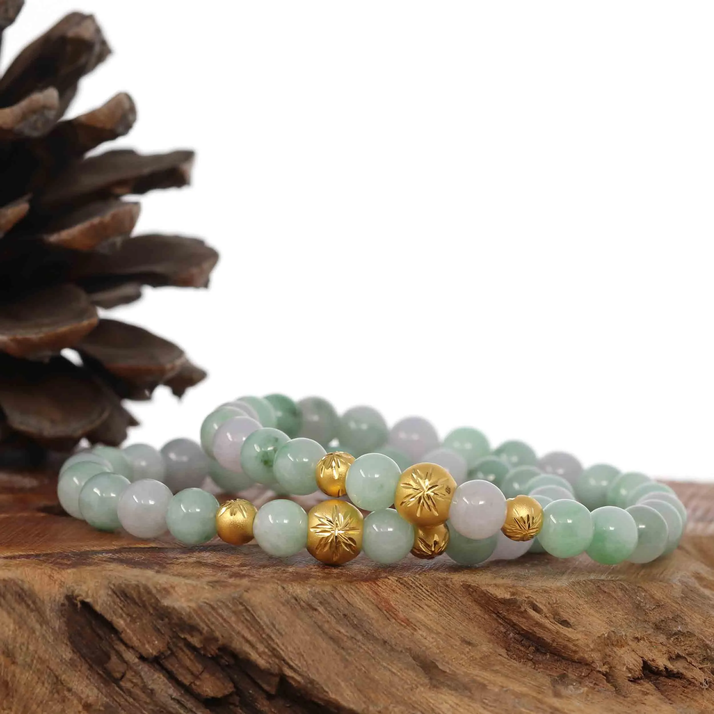 24K Pure Yellow Gold Star Beads With Genuine Green Jade Round Beads Bracelet ( 7.5 mm )